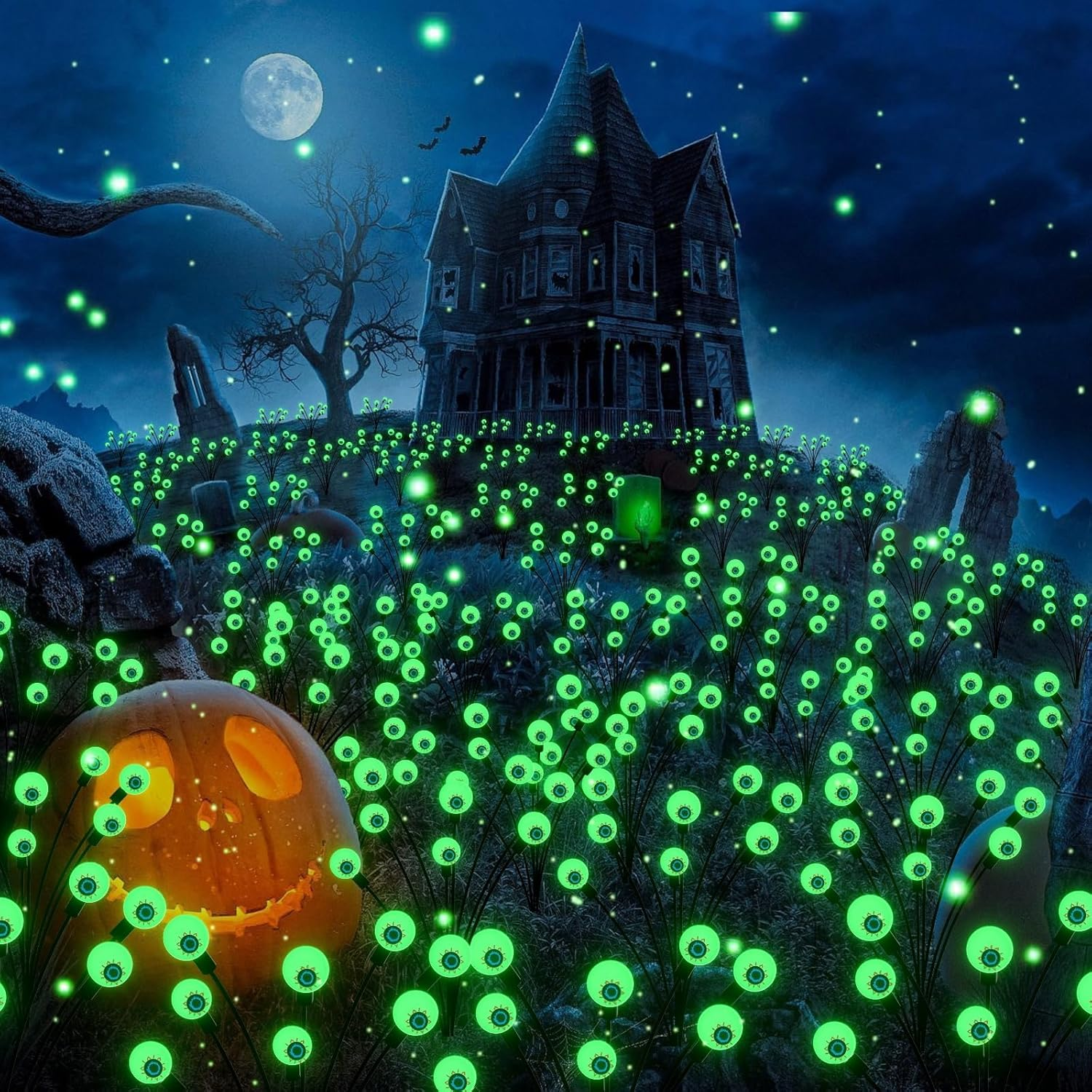 Augshy Halloween Decorations Outdoor, 2 Pack 16LED Solar Eyeball Pathway Lights, Scary Waterproof Solar Green Firefly Lights for Garden Lawn Yard Decor image number 6