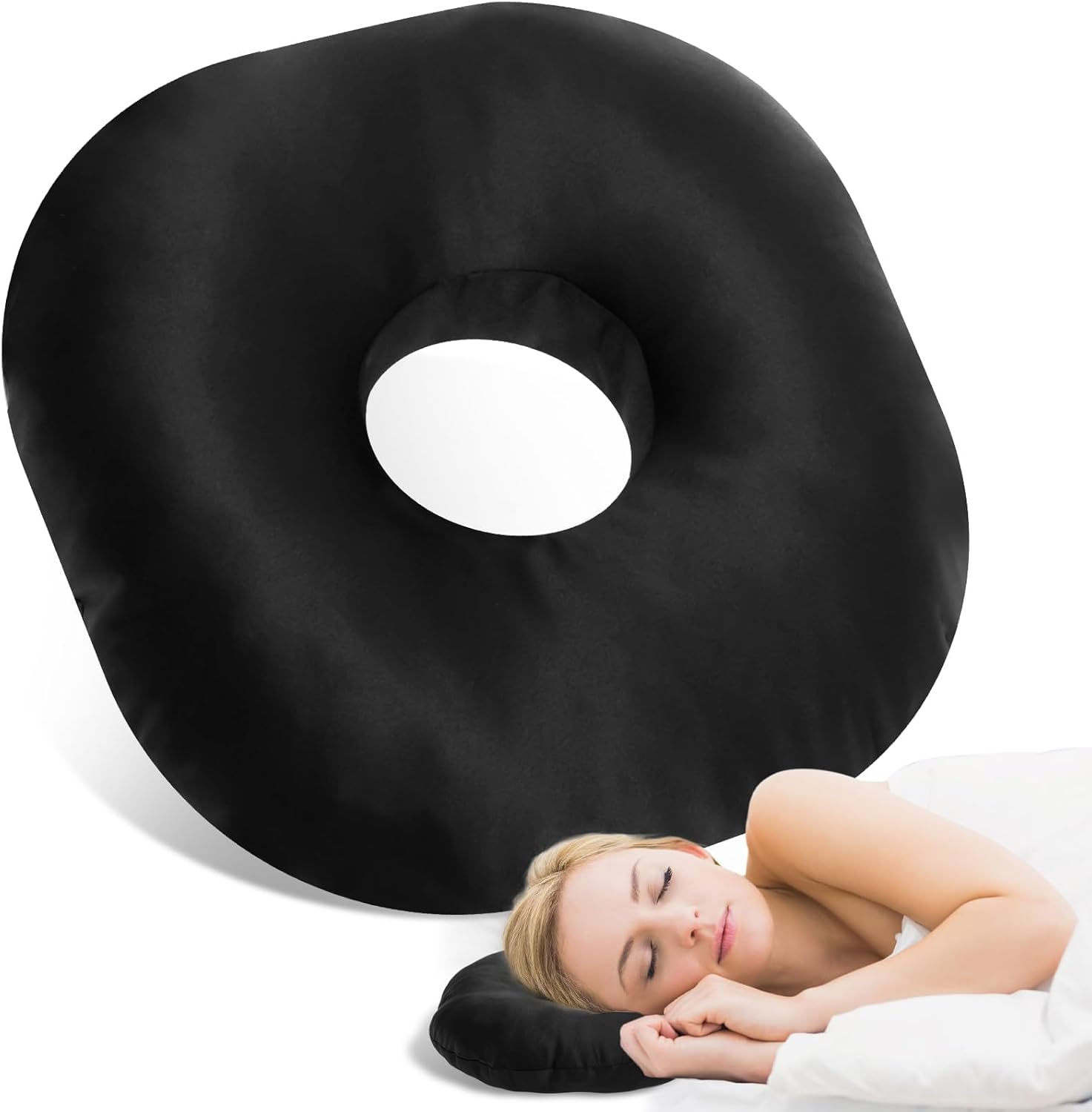 Ear Piercing Pillow Comfortable round Donut Shape Pillow with Ear Hole and Detachable Pillowcase Soft Filling for Side Sleepers.(Black)