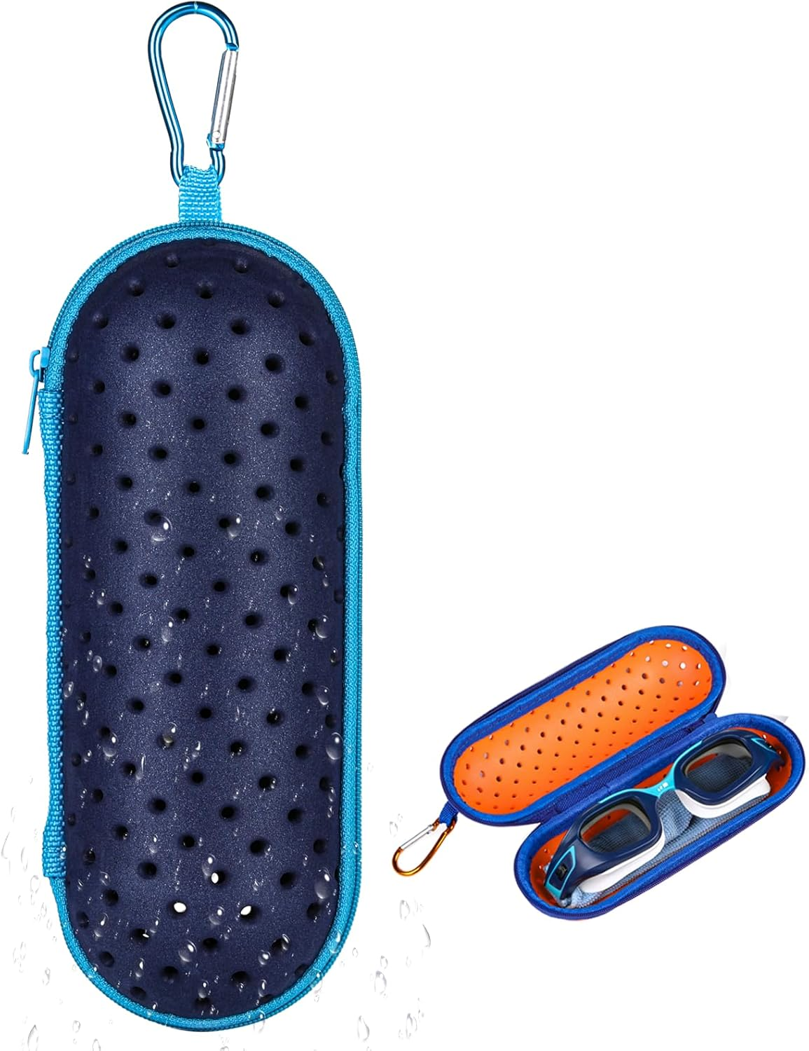 Swim Goggle Case for Swimming Goggles, Portable EVA Carrying Case with Drain Hole Zipper Sunglasses Bag with Clip