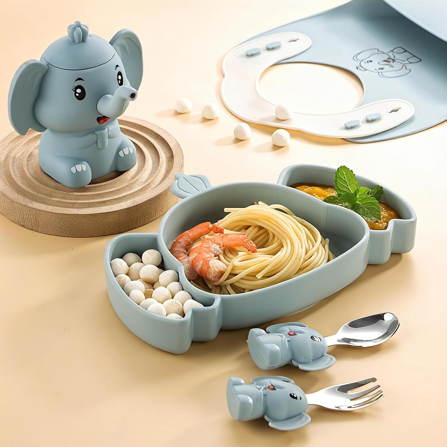 Silicone Baby Feeding Set 7PC Baby Led Weaning Supplies Self Feeding Utensils Divided Suction Dining Plate Bibs Cute Heat-Resistant Design Sippy Cup 304 Stain Steel Spoons Forks Toddler Utensil Set image number 3