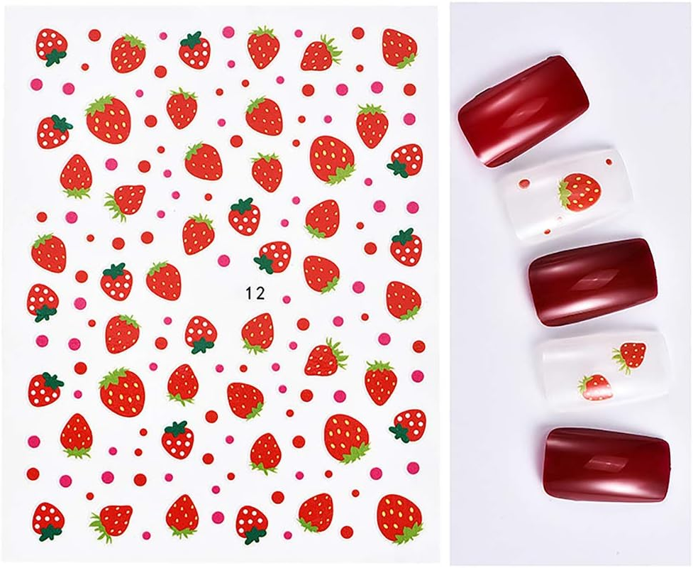 2 Sheets Nail Art Stickers Flowers Beautiful Nail Stickers DIY Nail Decals and Strawberry Nail Stickers for Girls image number 2