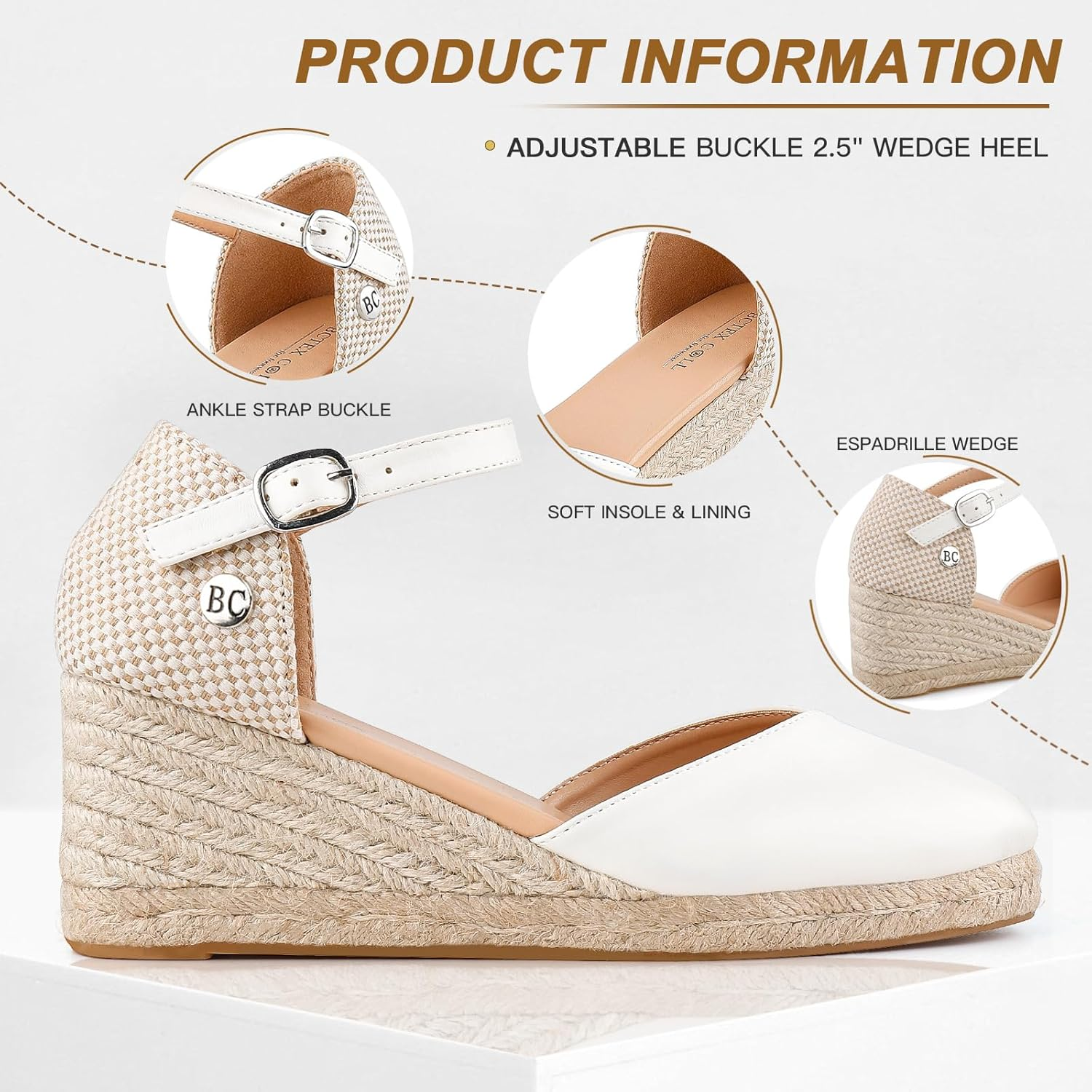 BCTEX COLL Women'S Espadrilles Wedge Sandals Ankle Strap Platform Closed Toe Dressy Shoes image number 1