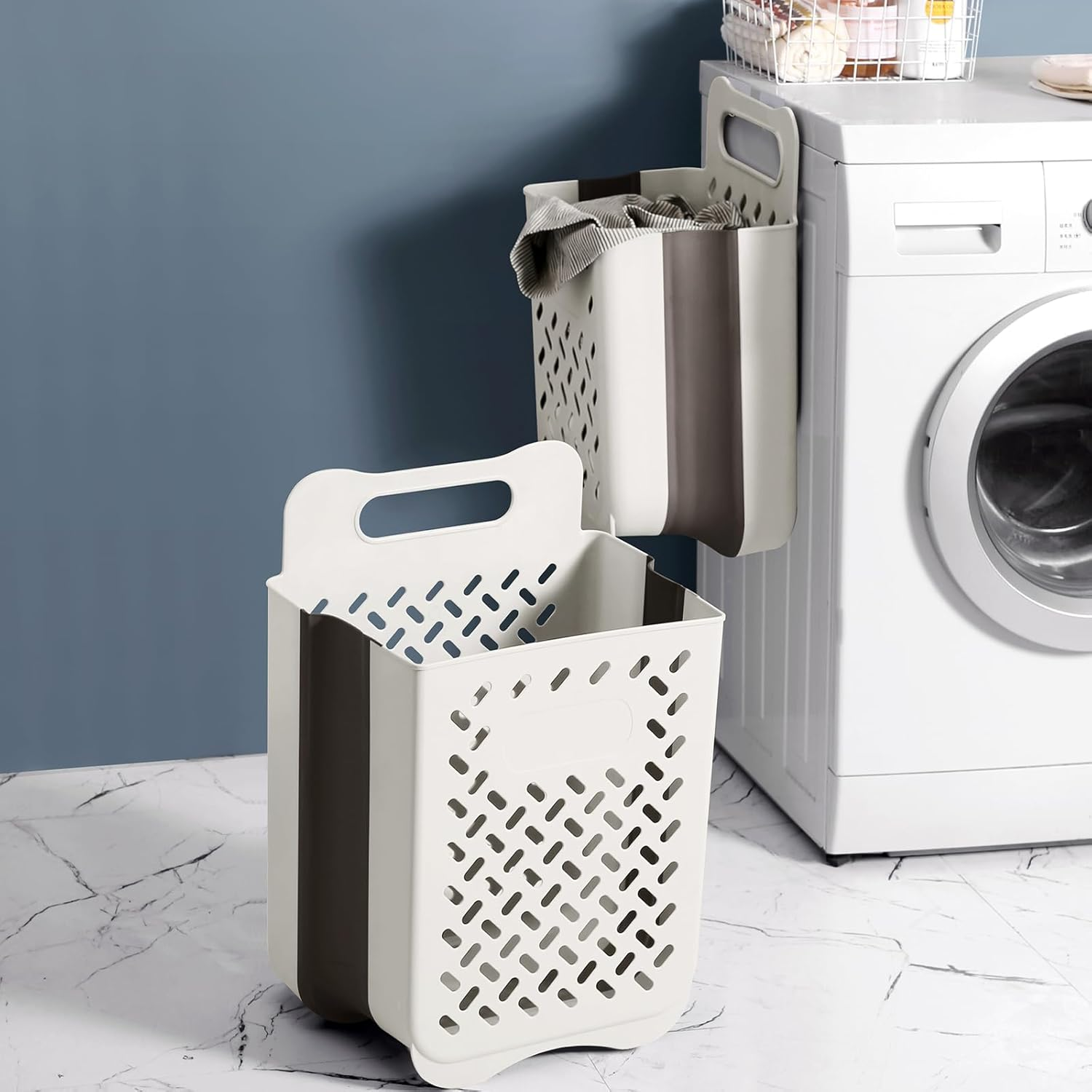 CASONNIK Laundry Hamper，2 Packs Large Laundry Basket, Foldable Laundry Basket Plastic,Wall Hanging Storage Basket，Multi-Function Storage for Bedroom and Bathroom image number 2