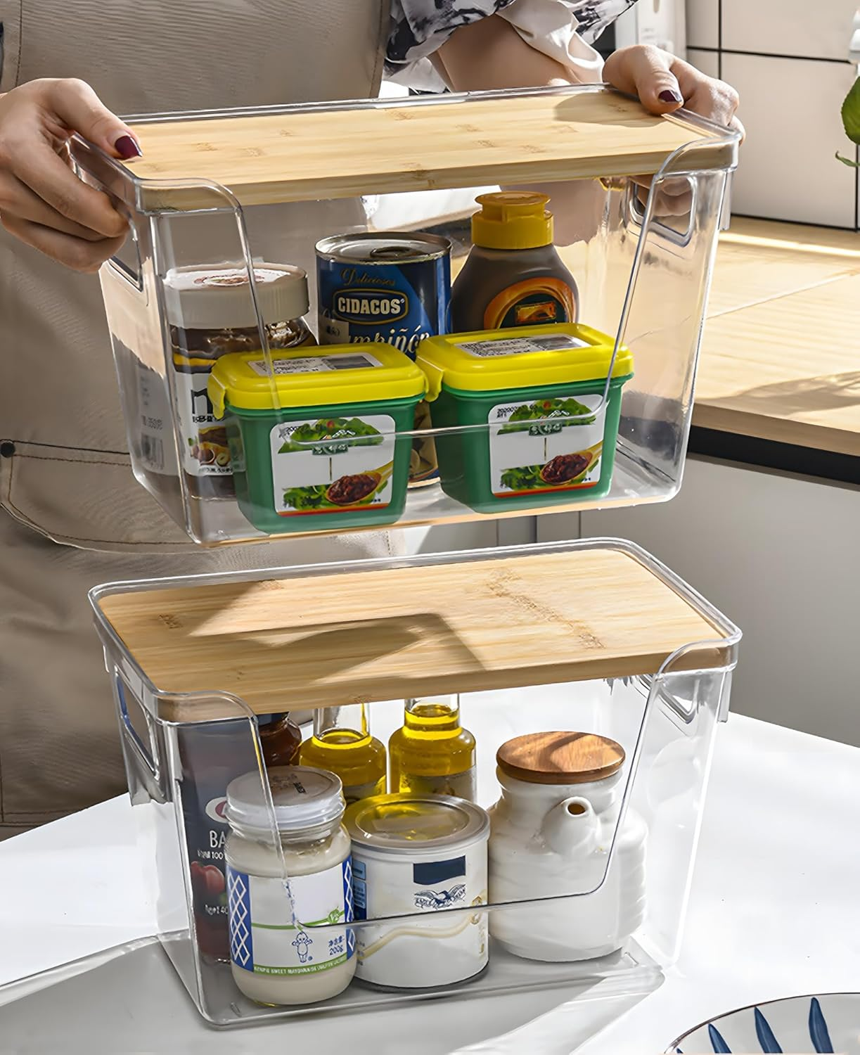 FORYUSE 2 Pack Clear Stackable Storage Containers Acrylic Open Front Storage Bins with Lid Handle for Kitchen Organiser Trash Bag Holder Dispenser image number 4