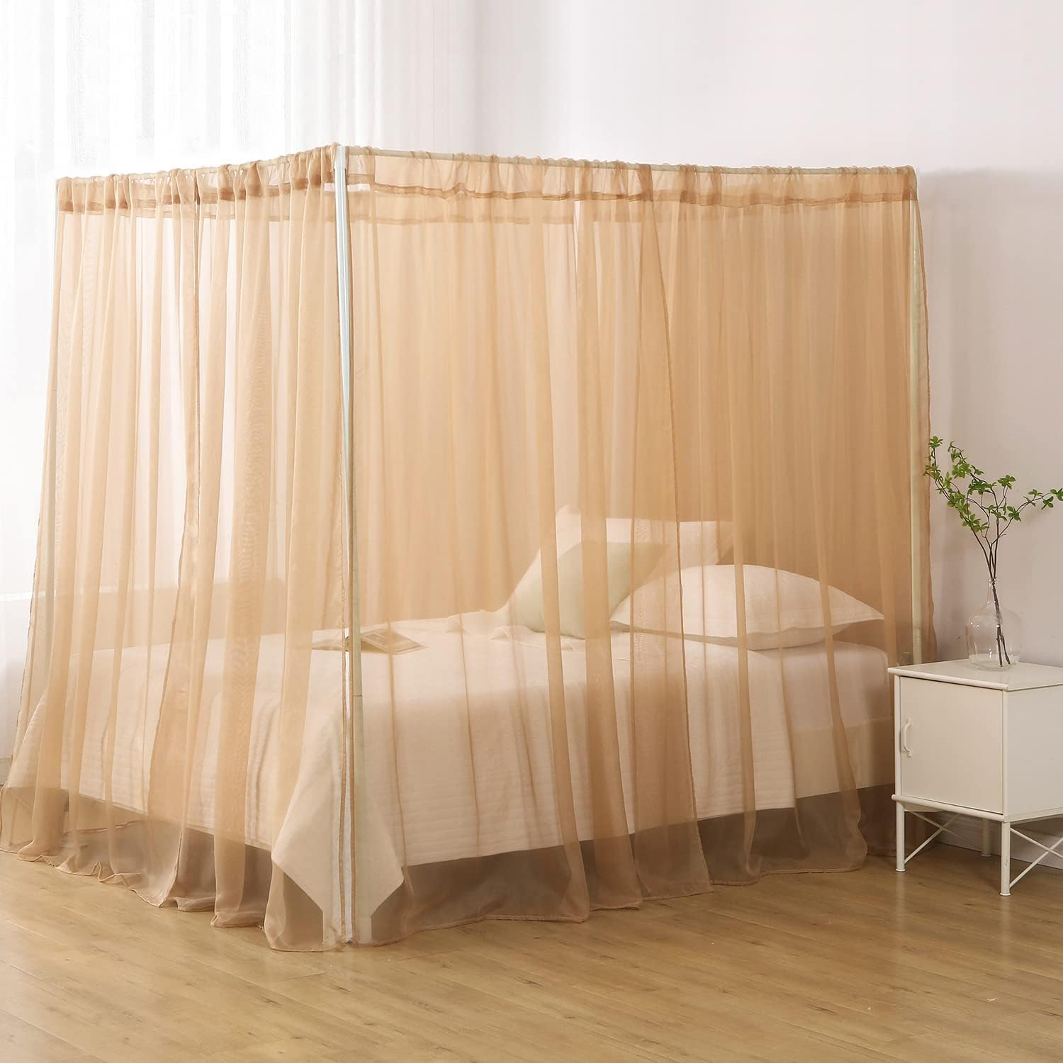 WANFASO Princess Chiffon Bed Canopy, Canopy Curtains for Queen Bed Adults, 4 Post Bed Drapes Room Decor(Light Coffee) image number 3