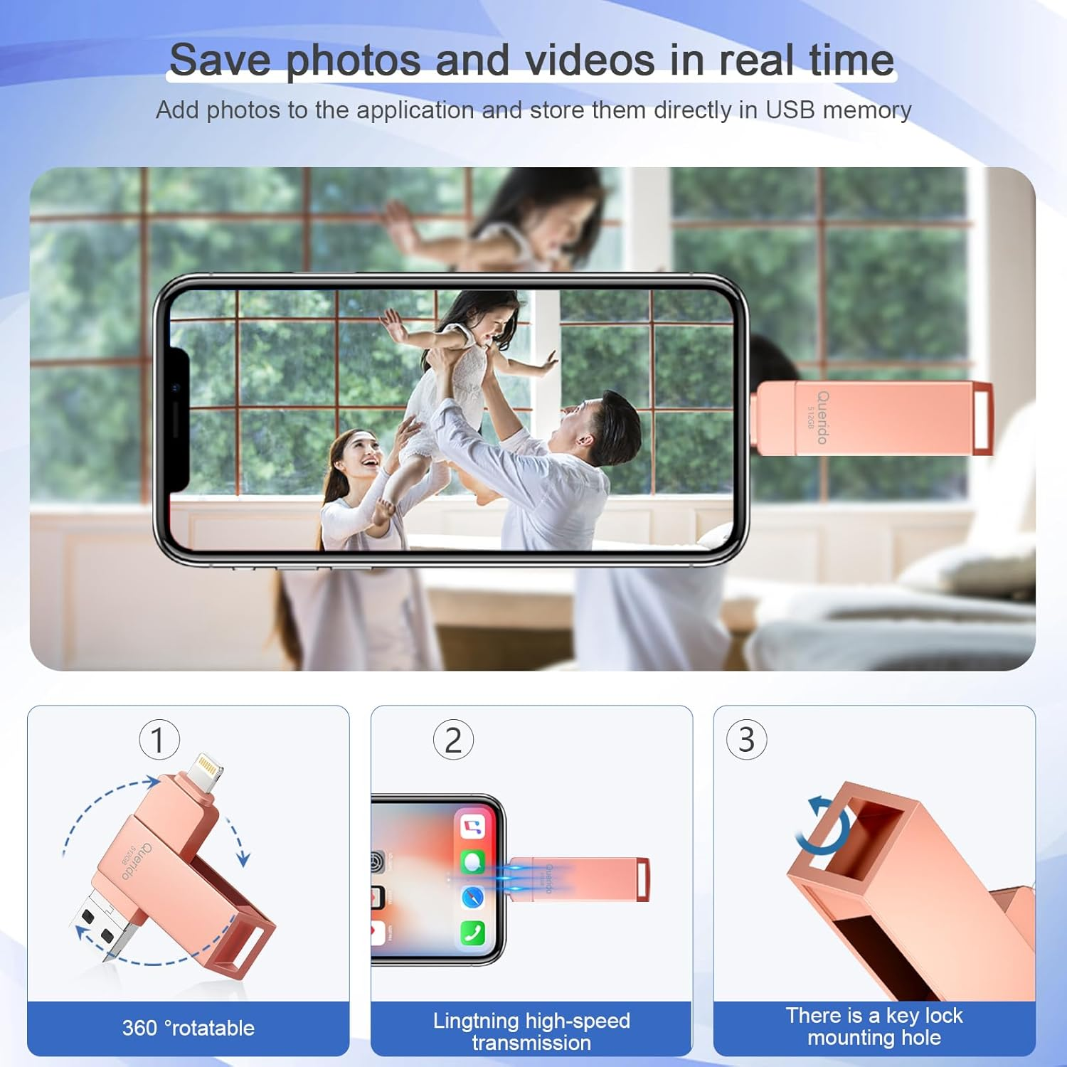 Querido Apple Mfi Certified 512G USB 3.0 Flash Drive for Iphone, Photo Stick, Thumb Drive, External Storage for Pc/Ipad/More Devices - Pink image number 3