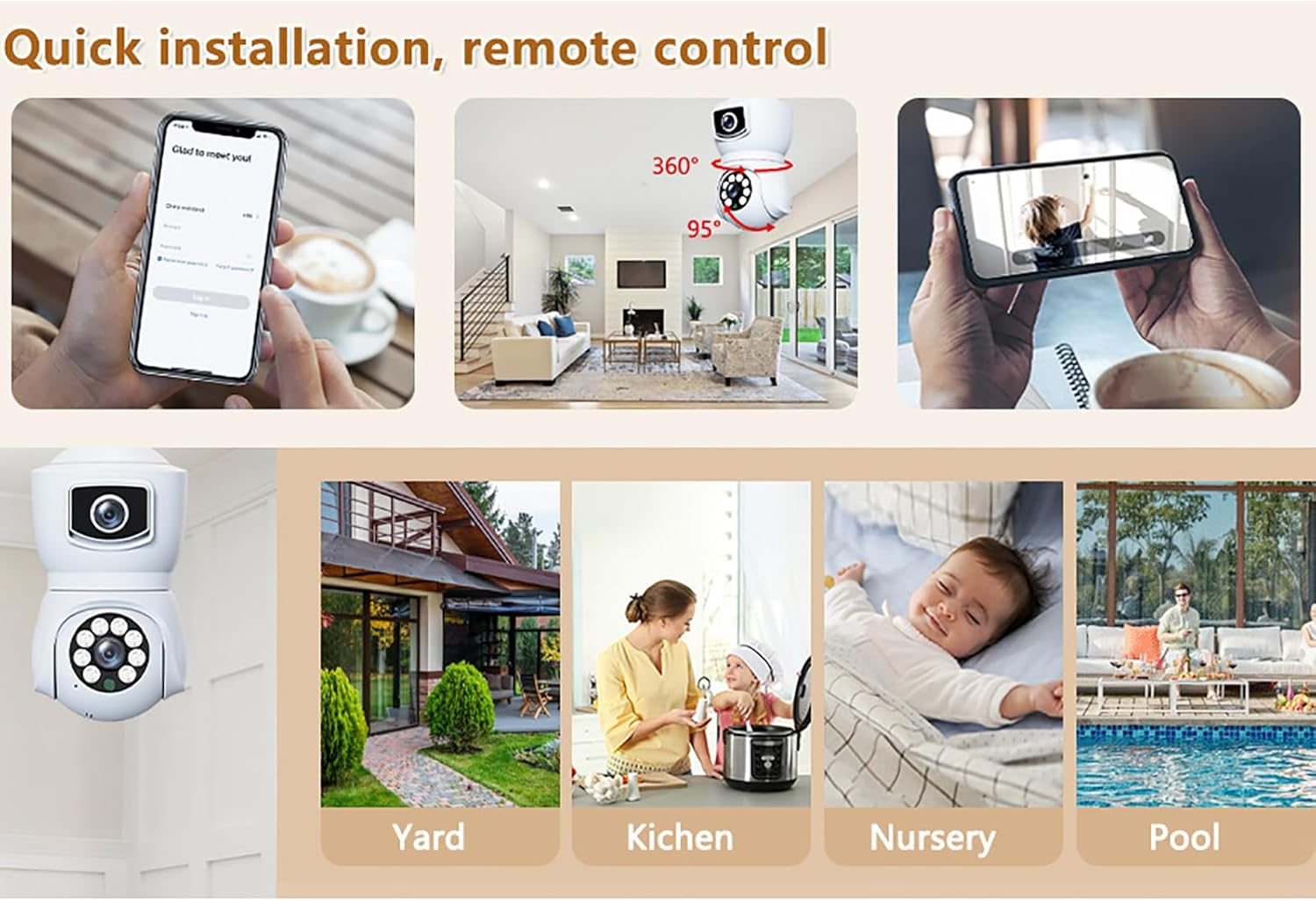 Wifi Dual Lens Security Light Bulb Camera,360&deg;Anoramic Humanoid Tracking Night Vision Motion Detection Cloud Storage IP Surveillance (Black) - Black image number 3