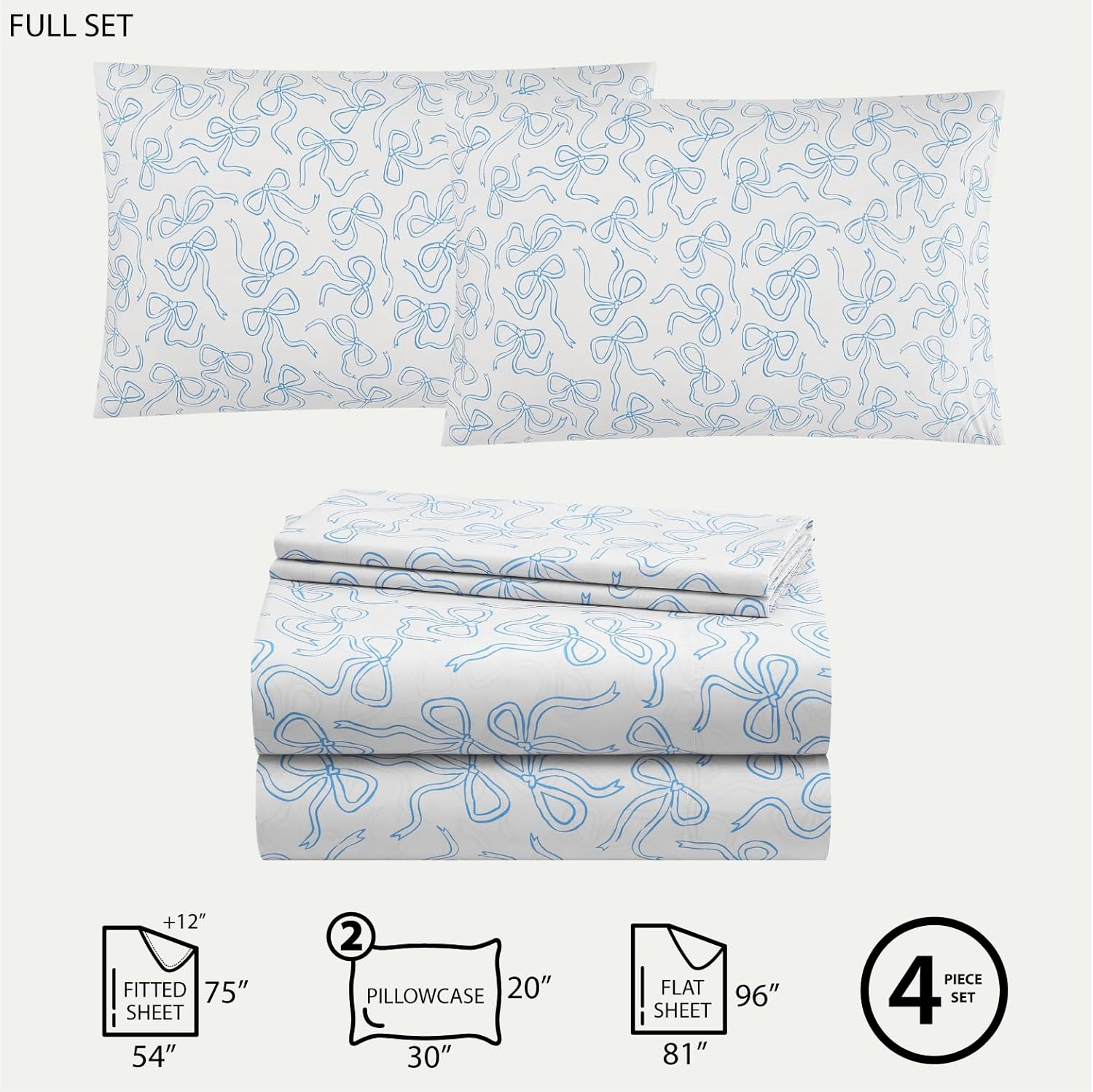Urban Lifestyle 4-Piece Full Sheet Set,Coquette Bow Design in Baby Blue, Includes Fitted Sheet, Flat Sheet & 2 Pillowcases,Soft & Stylish Bedding for Girls and Teens