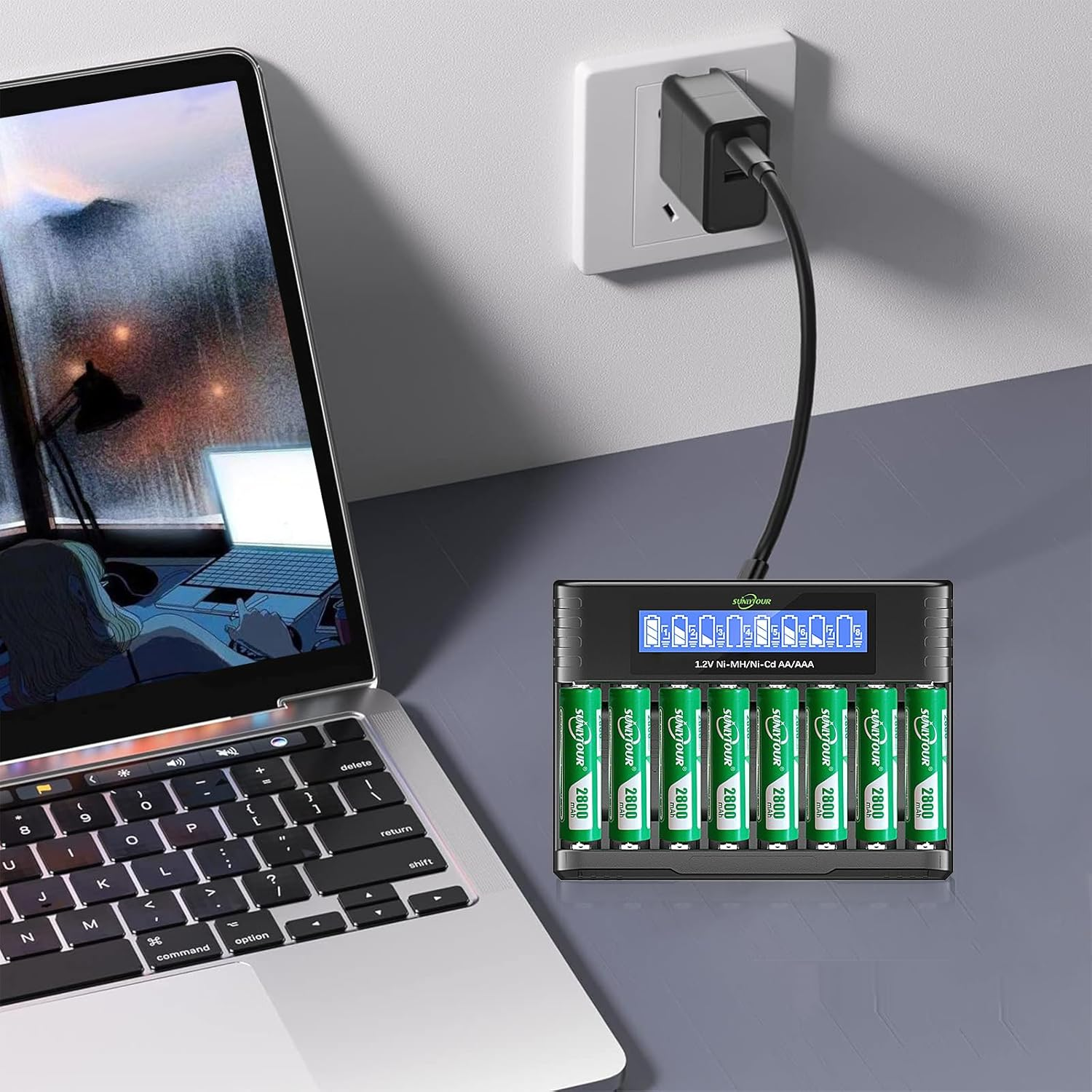 2800 Mah Ni-Mh AA Battery with Charger, SUNLYTOUR Pack of 8 2800 Mah AA NI-MH Batteries with 8 Slots AAA AA Charger, Charge up to 1200 Cycles image number 4