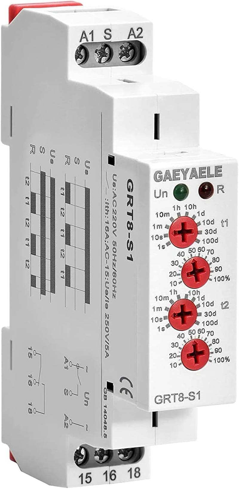 GAEYAELE Asymmetric Cycle Timer 1SPDT Relay 16A AC/DC12V-240V Electronic Repeat Relay(Grt8-S1,Ac/Dc12V-240V)