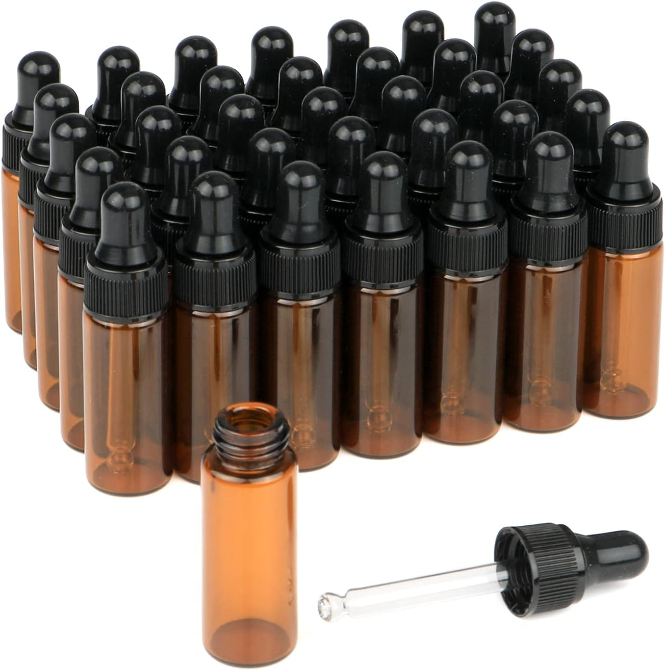 Furnido 5Ml Amber Glass Dropper Bottle,Empty Essential Oil Bottles Glass Vials with Glass Eye Dropper for DIY Aromatherapy Colognes Perfume Liquid Sample Blends Pack of 35-2Pc 2Ml Dropper Included image number 2