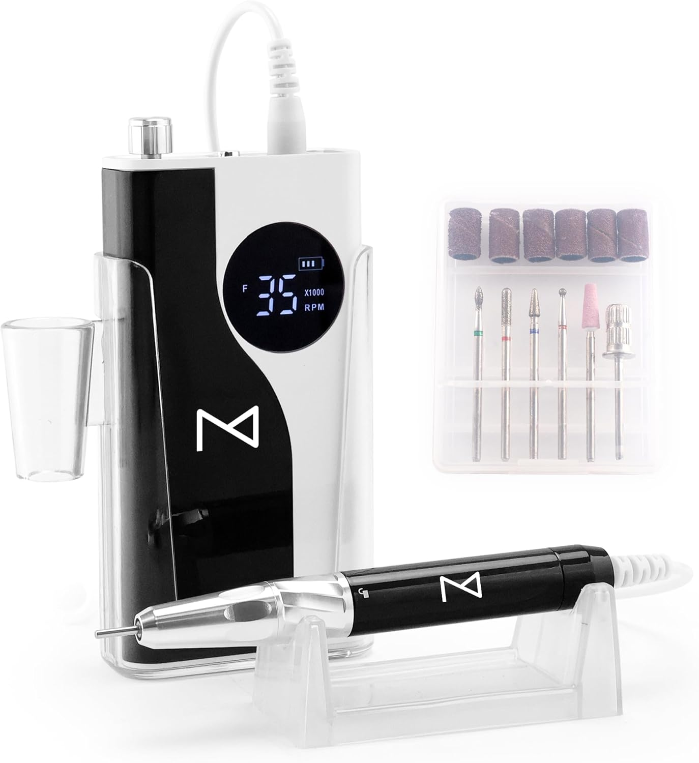 M &ndash; Ying Yang Brushless Nail Drill 35K RPM | Pro Cordless Efile 85W | Rechargeable USB-C Fast Charging | Portable Aluminum Alloy Shell | Quiet Low Vibration Tool for Acrylic Gel Nails (White)