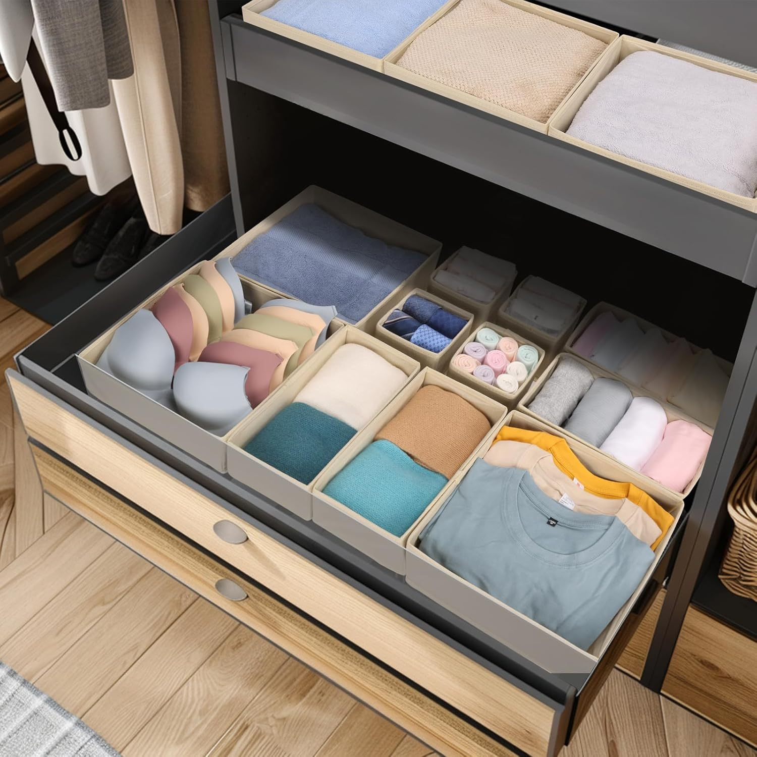 12 Pack Beige Drawer Organiser for Clothes - Drawer Dividers- Wardrobe Organiser for Clothes Storage - Baby Clothes - Closet Dresser Organizer - Bra, Underwear, Socks Organiser image number 3