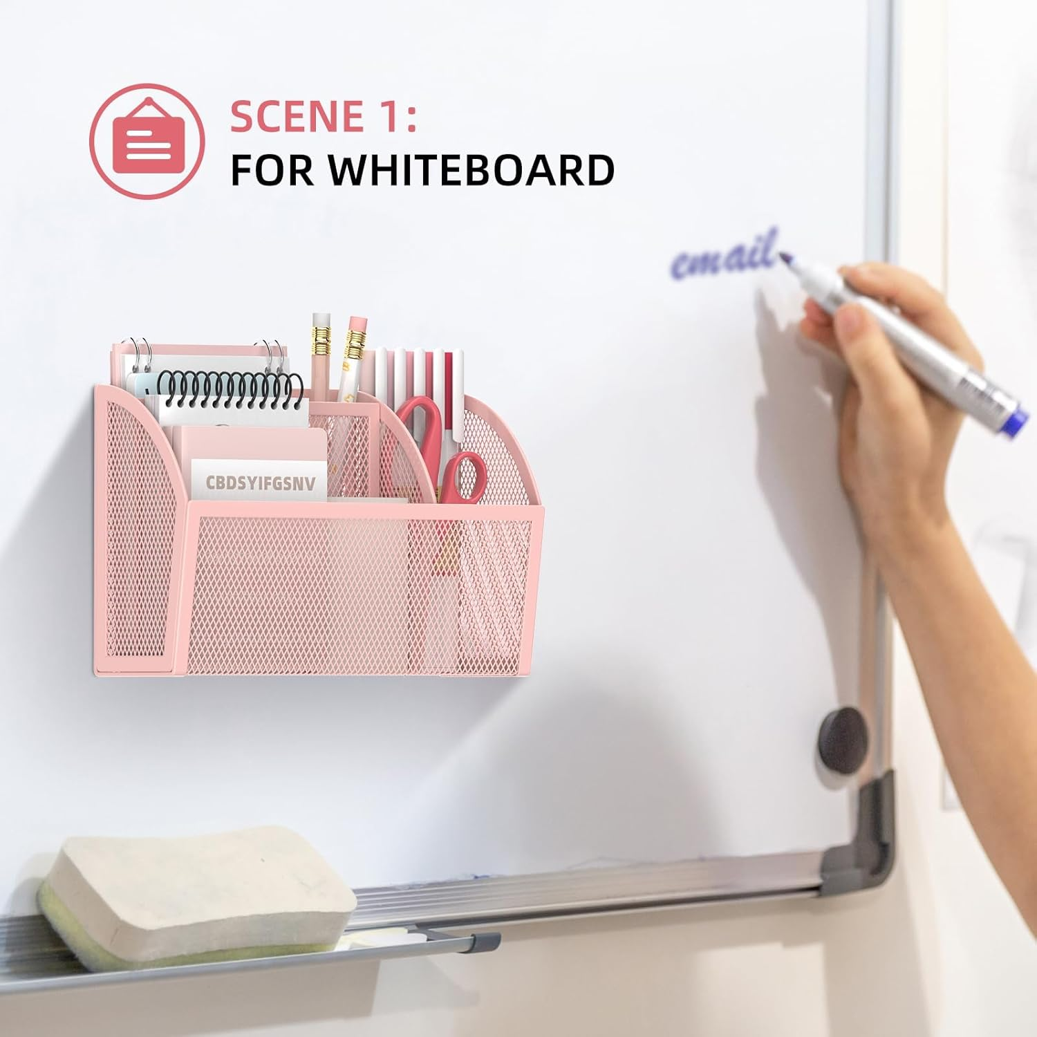 SUPEASY Magnetic Pencil Holder, Magnetic Whiteboard Shelf, 3 Grid Mesh Pen Holder for Refrigerator, Magnetic Organiser, Locker Accessories Organizer for Home, Pink