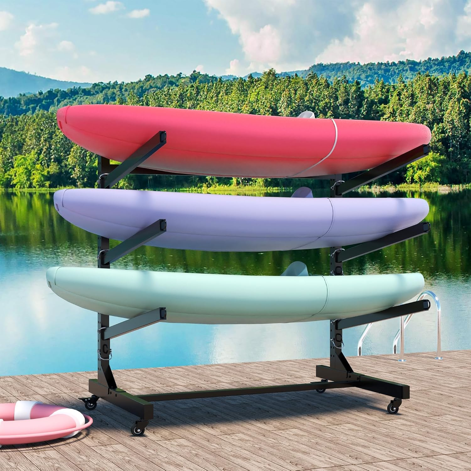 Kayak Storage Rack, Heavy Duty Kayak Stand Canoe Rack with Wheels, Freestanding Kayak Holder Stand for Kayaks, Canoes, Surfboard, Paddleboard Storage