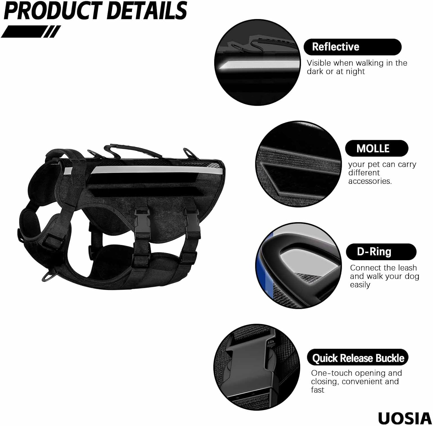 UOSIA Tactical Dog Harness Military Pet Harnesses Vest No-Pull Service Dog Vest Large Breed Reflective Dog Harness for Outdoor Training Walking Hiking image number 1