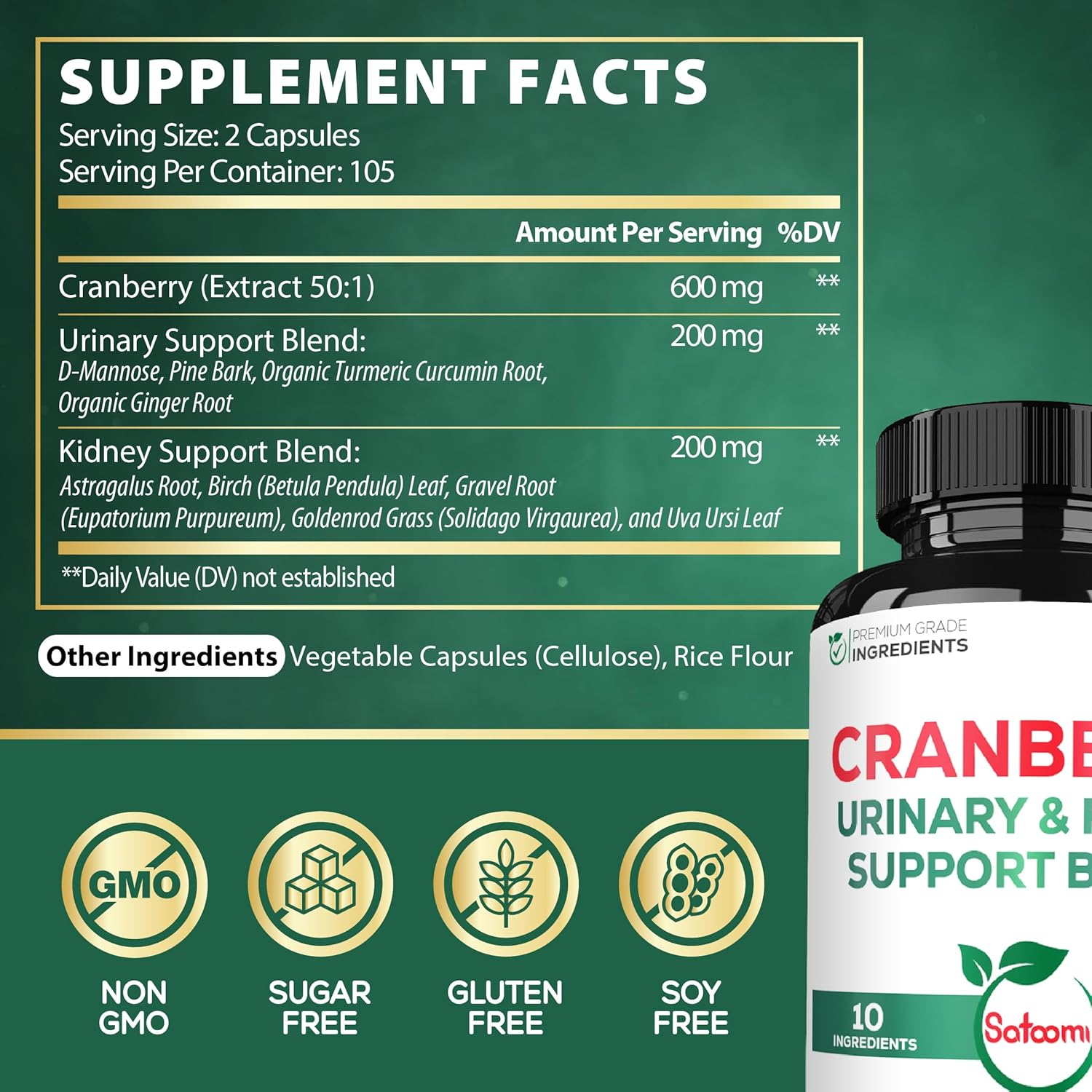 SATOOMI Extract Cranberry Pills for Women - with D-Mannose, Pine Bark, Uva Ursi Leaf & More - 210 Cranberry Capsules for 105 Servings image number 5