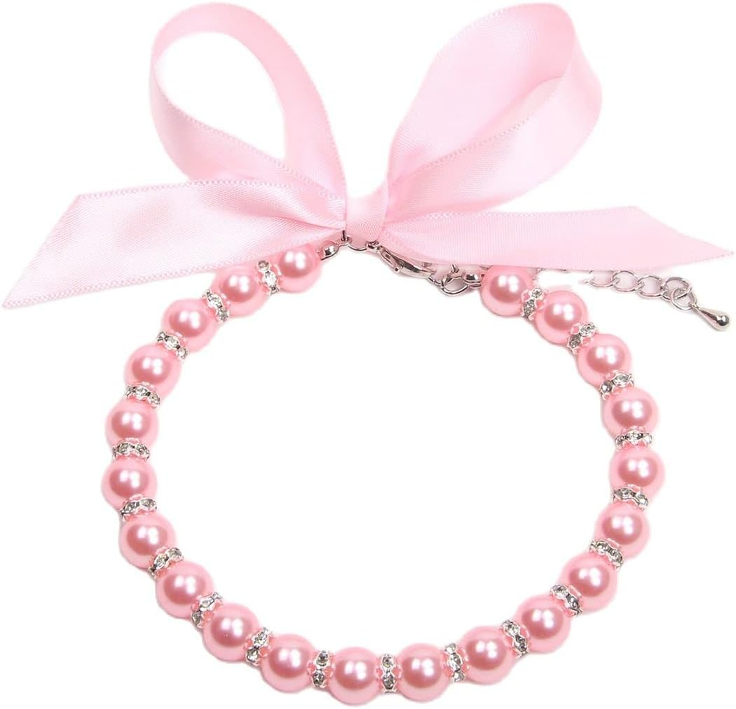Dog Cat Pearls Necklace Collar with Bling Accessories and Ribbon Bow Pet Puppy Jewelry for Female Dogs Cats Small Medium (M, Pink)