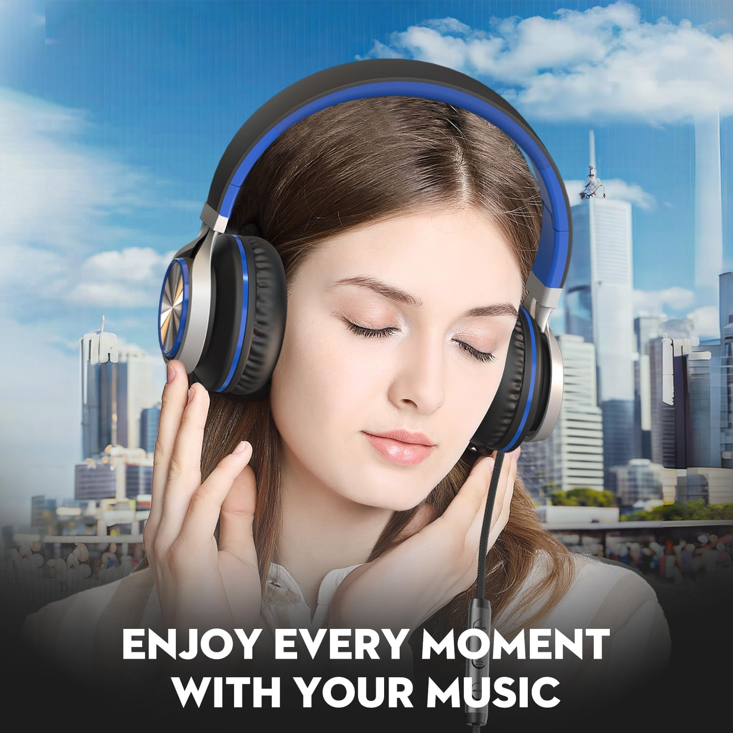 Bywulanda USB C Headphones with Mic and Volume Control, over Ear Stereo Headsets for Iphone 15 16 Pro, Wired Foldable Headphones for Smartphones Chromebook Laptop Tablets Travel (Black/Blue) image number 4