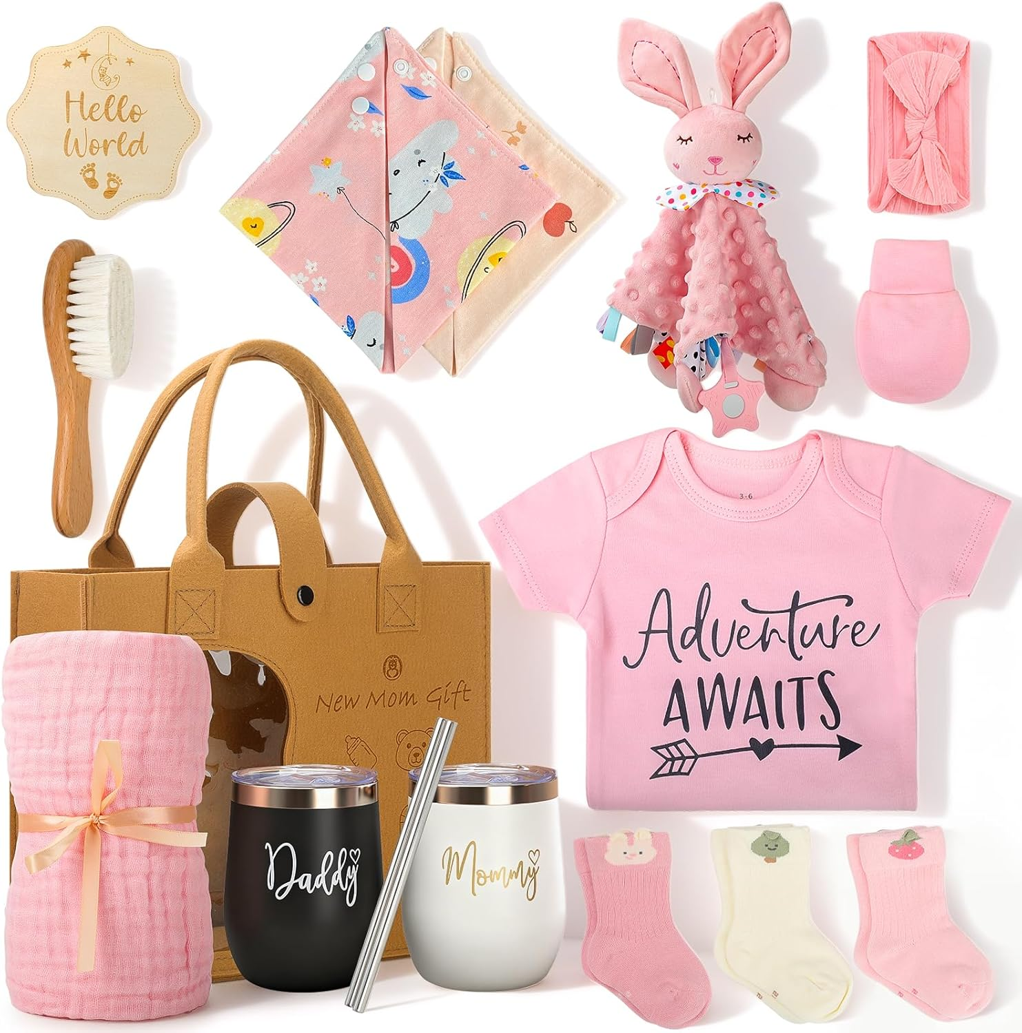 Baby Boy Gifts Basket for Newborn, 16Pcs Baby Shower Gifts Including Pink Clothes, Blanket, Bibs, Socks, Keepsake Card, Unique Baby Shower & Newborn Gift Idea image number 1