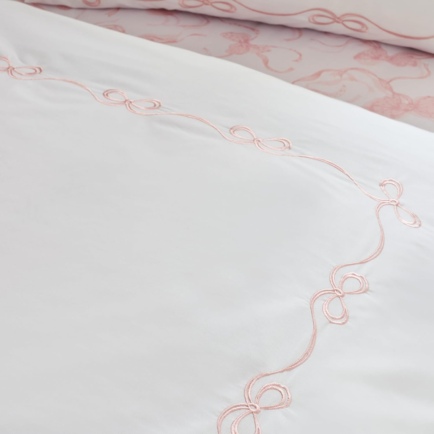 Catherine Lansfield Bow Embroidery King Duvet Cover Set with Pillowcases White/Pink