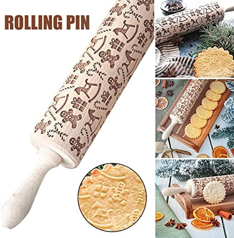 Christmas Wooden Rolling Pin for Baking Engraved Embossing Rolling Pin Cookie Stamps Roller Square Grid Cookies Mold Kitchen Decor Tools for Baking Embossed Cookies (Gingerbread Man) image number 2