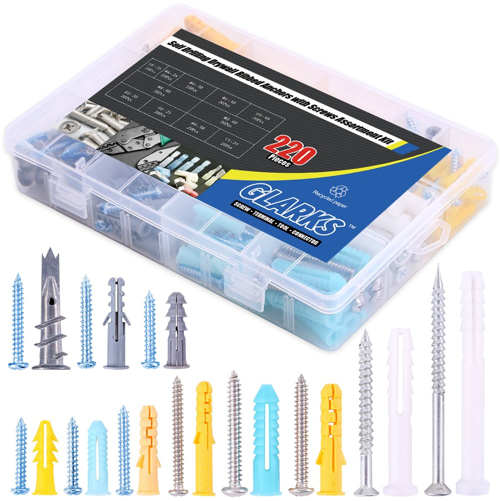 Glarks 220-Pieces Plastic Self Drilling Drywall Ribbed Anchors Hollow-Wall Anchor with Screws Assortment Kit for Drywall, Hollow-Wall Hanging Wall Shelf or Blinds image number 2