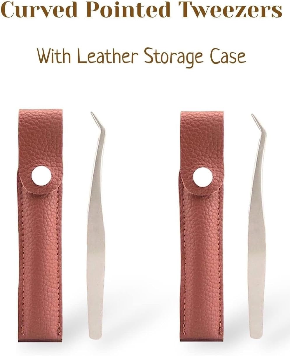 2-Pack Curved Pointed Tip Tweezers Eyelash Extensions Tweezers, Comes with a Leather Storage Case, Stainless Steel Tweezers image number 3