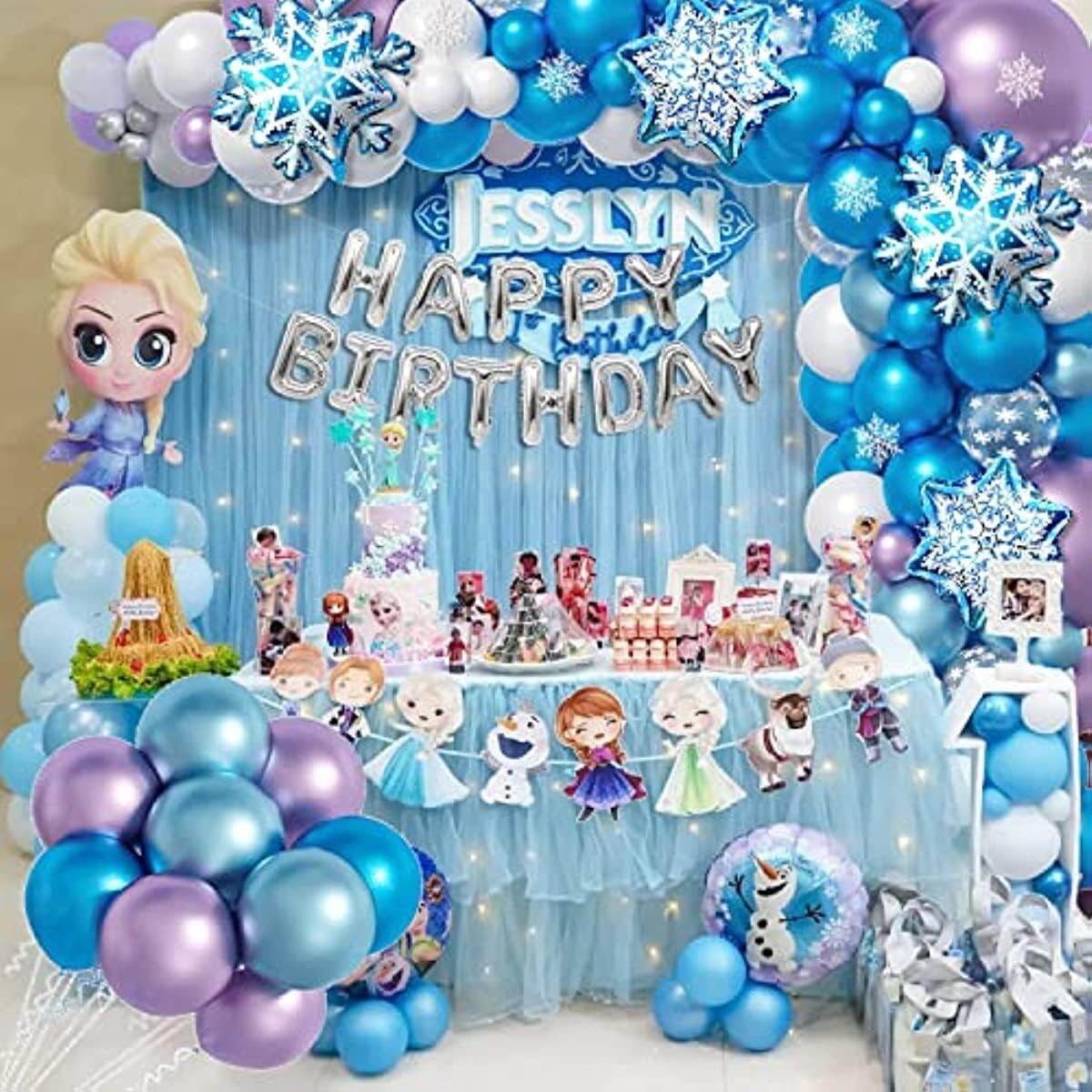 123Pcs Frozen Balloon Garland Arch Kit, White Blue Metallic Purple Latex Balloons, Snowflake Foil Balloons Happy Birthday Banners for Baby Shower Birthday Party Decorations (Frozen) image number 1