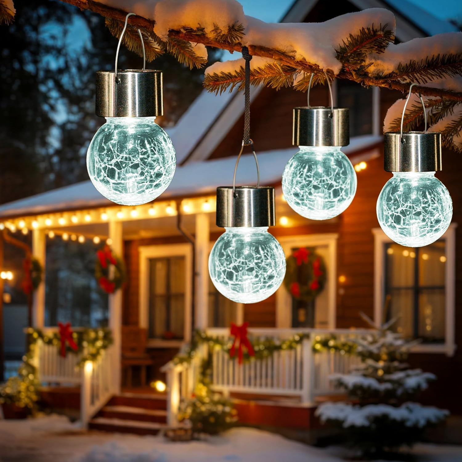Solar Outdoor Lights Decorative 4 Pack, Hanging Solar Garden Lights Waterproof, Solar Powered Globe Cracked Glass Ball Lantern for Yard Patio Fence Tree Umbrella Holiday Decoration,(Cold White)