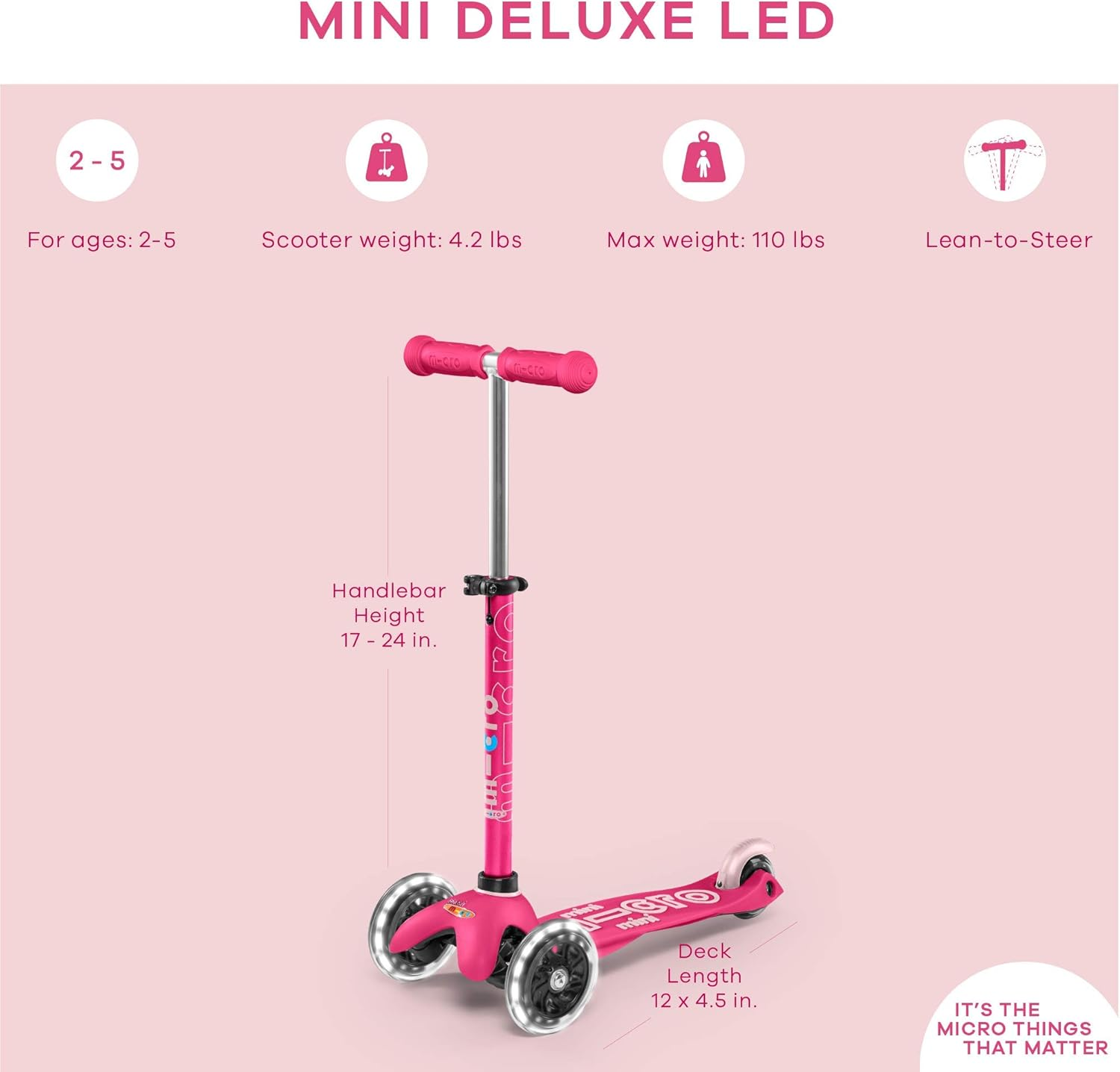 Micro Scooters Mini Deluxe LED 3-Wheel Kids Scooter - Pink