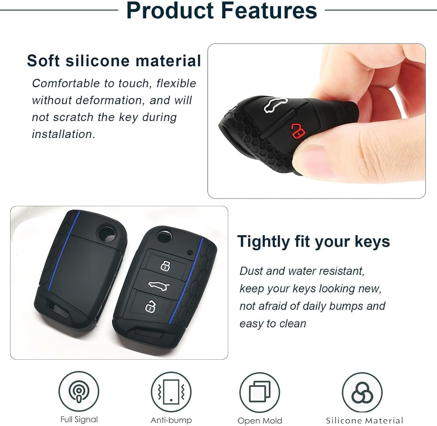 Silicone Car Key Fob Covers for VW Golf 7 Mk7 Polo MK6 Touran Tiguan Tarraco T-ROC Seat Leon Cupra Ibiza Skoda Octavia Superb Kodiaq, 3 Button Remote Car Key Protection Case Accessories image number 3