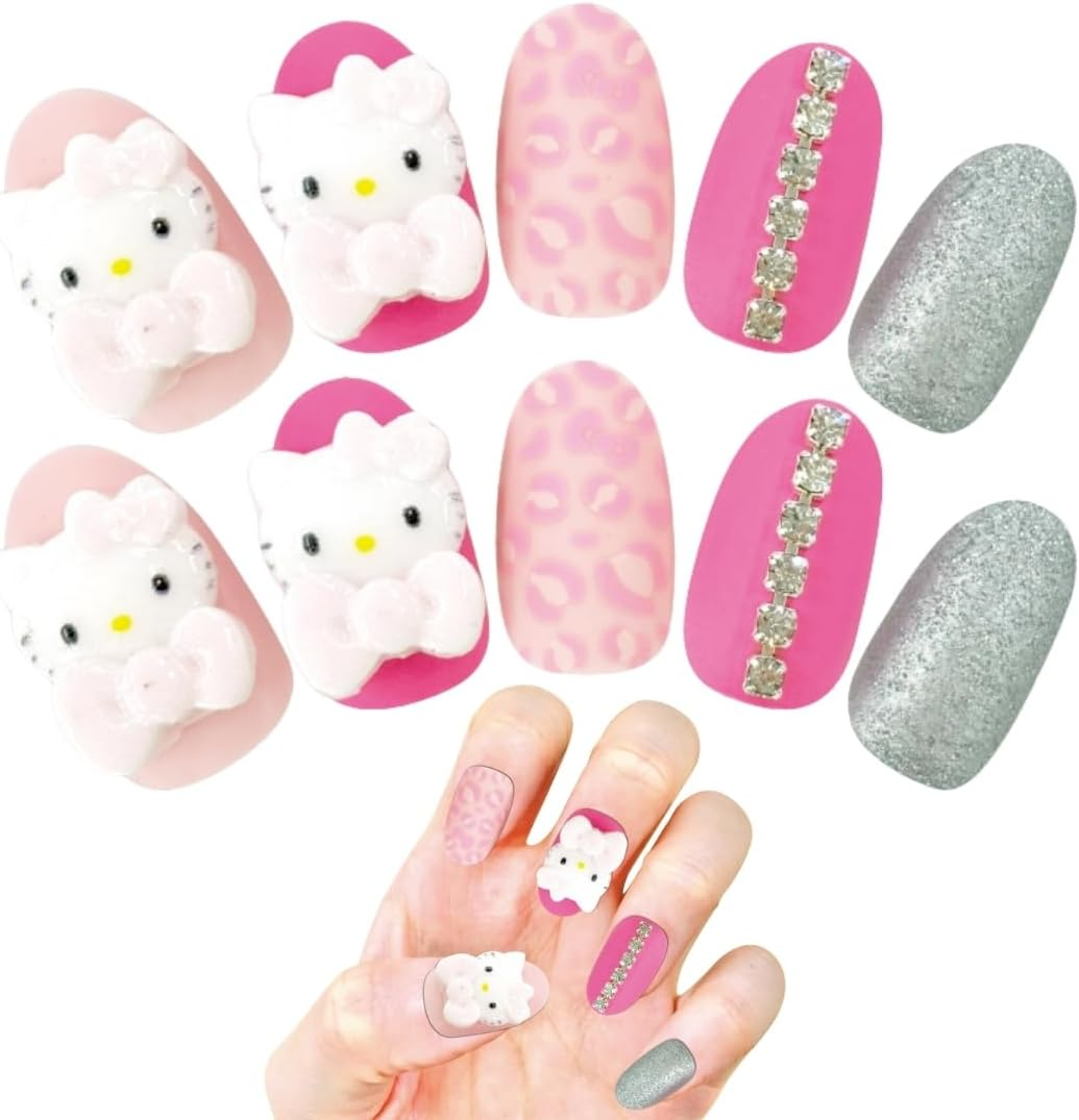 Sanrio Hello Kitty Character Nail Tips, Monotone, Peel and Stick 3D, Pack of 24, Short, Gradient Stones, Stylish, Girls, Popular, Removable