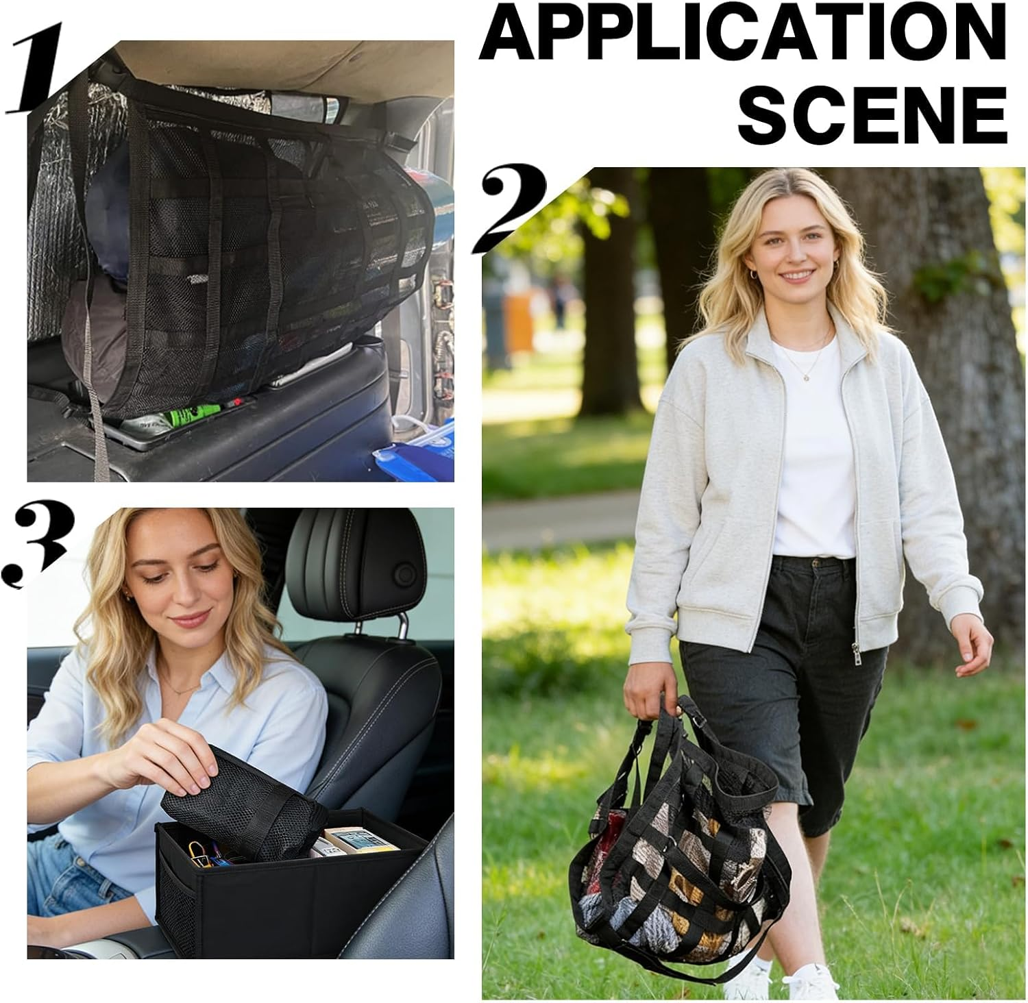 Car Ceiling Cargo Net with 2 Pockets & Adjustable Support Straps, 90&times;65Cm SUV Roof Storage Mesh for Car Camping, Travel & Overlanding Accessories Black image number 6