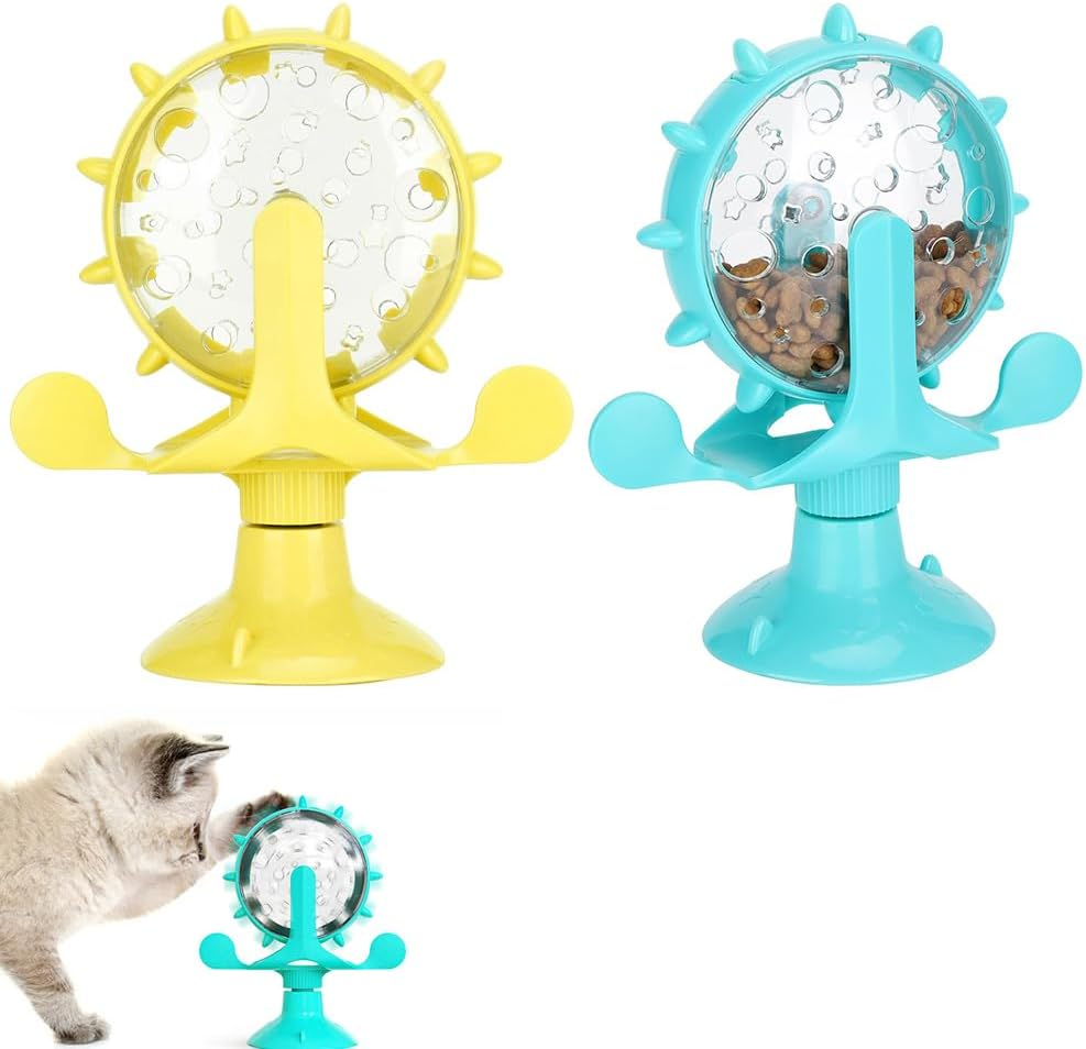 2 Pcs Interactive Cat & Dog Treat Dispenser Toys, Slow Feeder Leaky Food Toys with Suction Cup, 360&deg; Rotating Windmill for Small Dogs & Indoor Cats (Blue & Yellow) image number 6