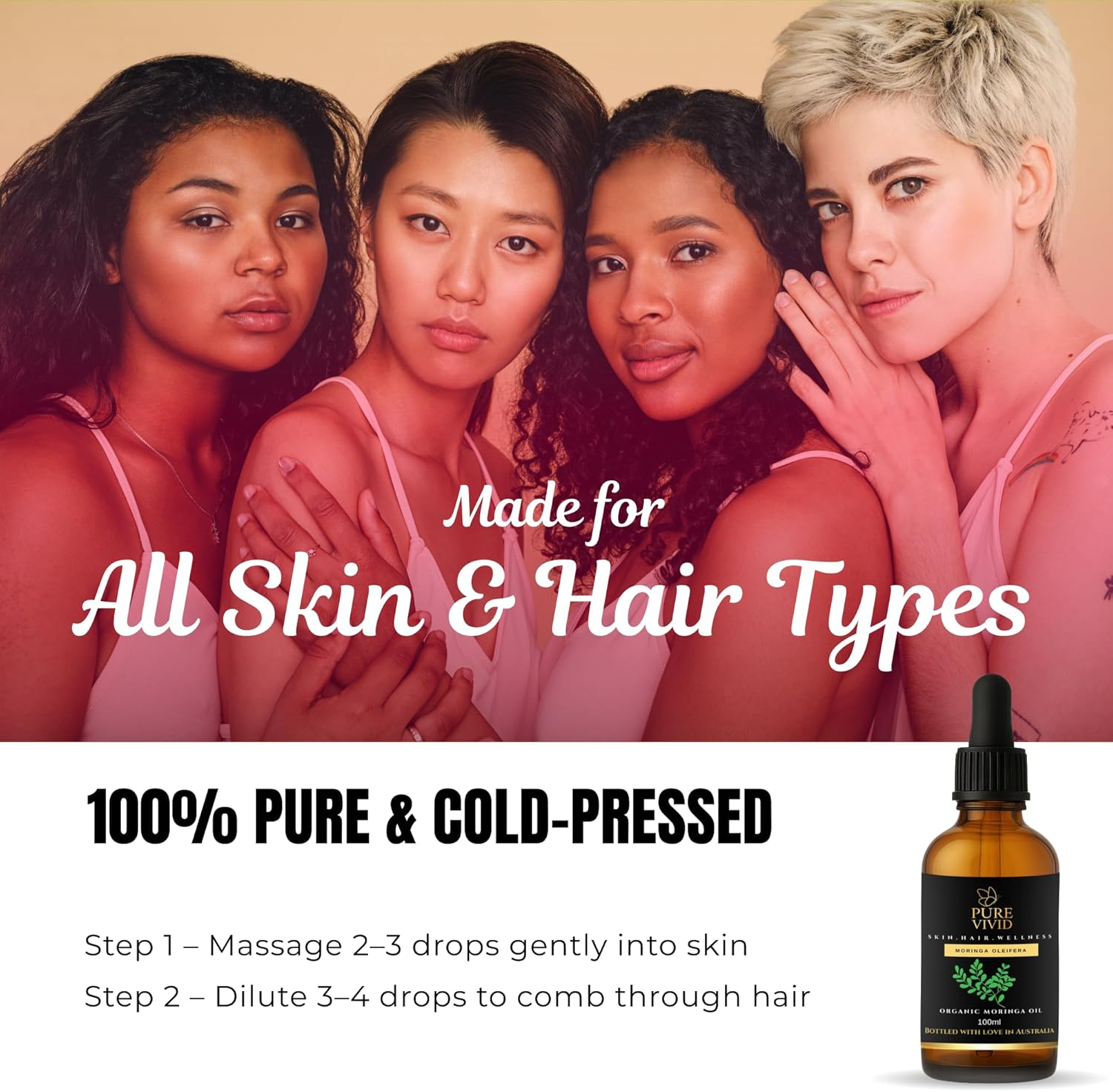 Pure Vivid Organic Moringa Oil &ndash; 100Ml Cold Pressed| 100% Pure | | Natural Carrier Oil for Skin, Hair & DIY Blends | Moringa Oleifera | Glass Dropper Bottle image number 1