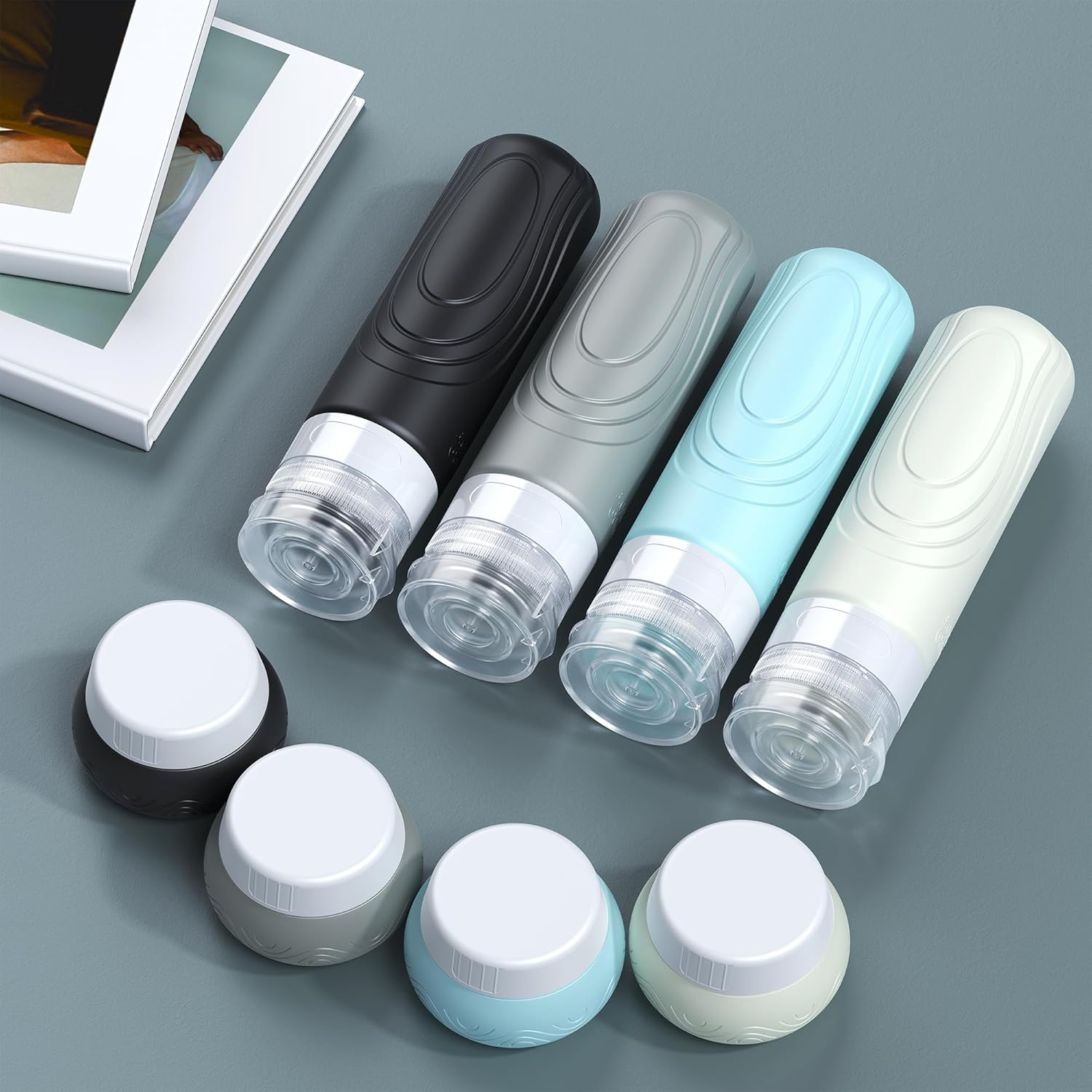 Aeomni Silicone Travel Bottles Set, TSA Approved 3-1-1 &mdash; 4&times; 89 Ml (3 Oz) Squeeze Bottles + 4&times; 30 Ml (1 Oz) Jars, Food-Grade, Leak-Proof, Refillable, with Clear TSA Bag &mdash;Grey Gradient image number 6