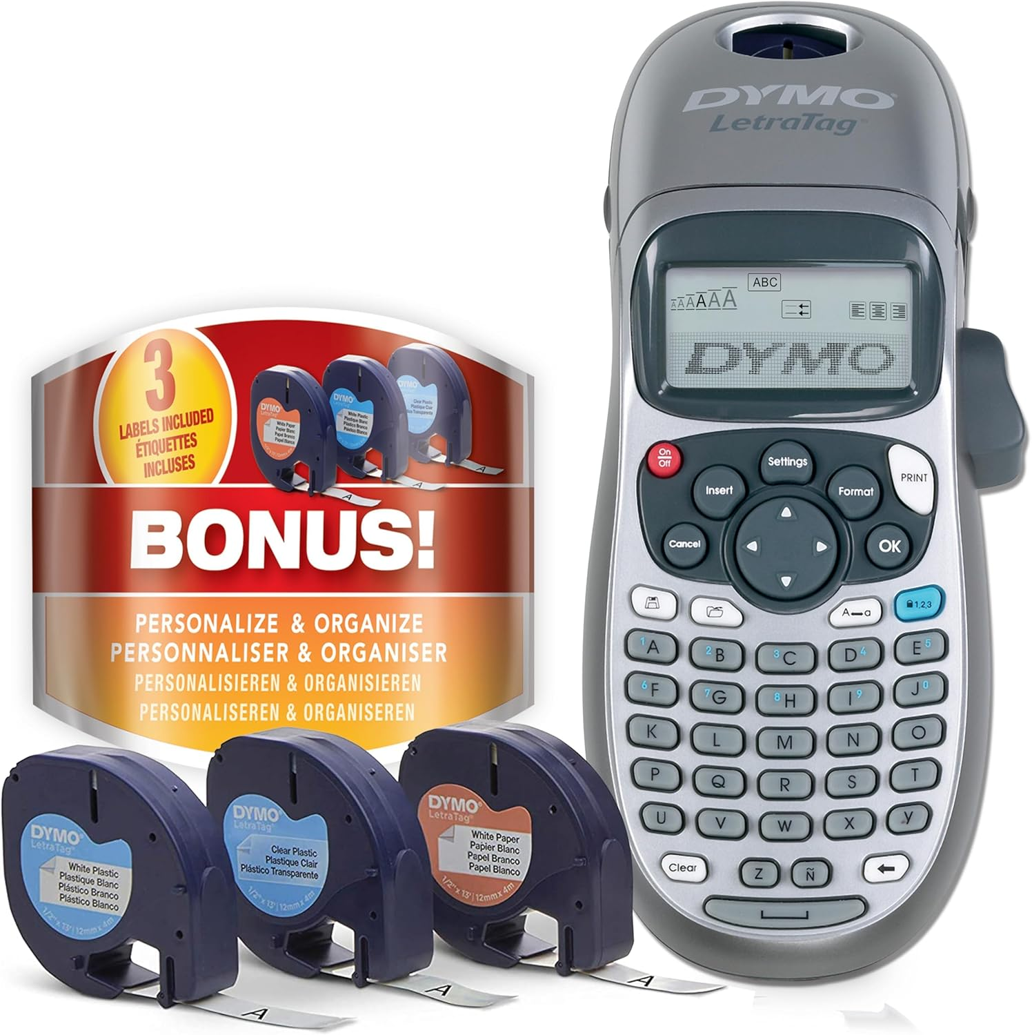 DYMO Bundle Letratag 100H Handheld Label Maker with 3 Bonus Labeling Tapes, Easy-To-Use, Great for Home and Office Organization, Silver