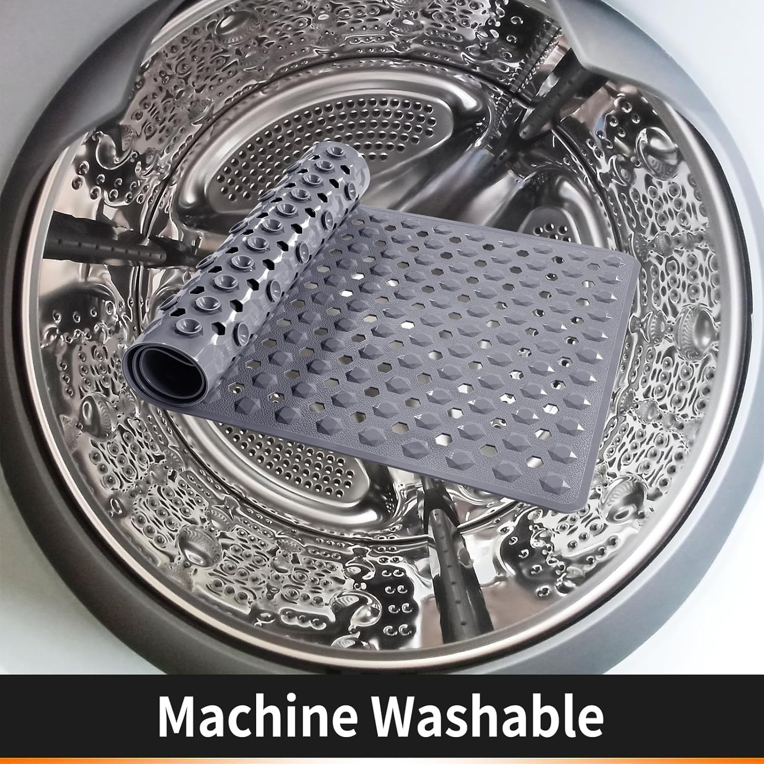 YUTA Bathtub Shower Mat, Non Slip Bath Mats for Tub Floor with Drain Hole and Suction Cups, Soft on Feet, Machine Washable, Easy Dry,40X88Cm Grey - All Clear image number 6