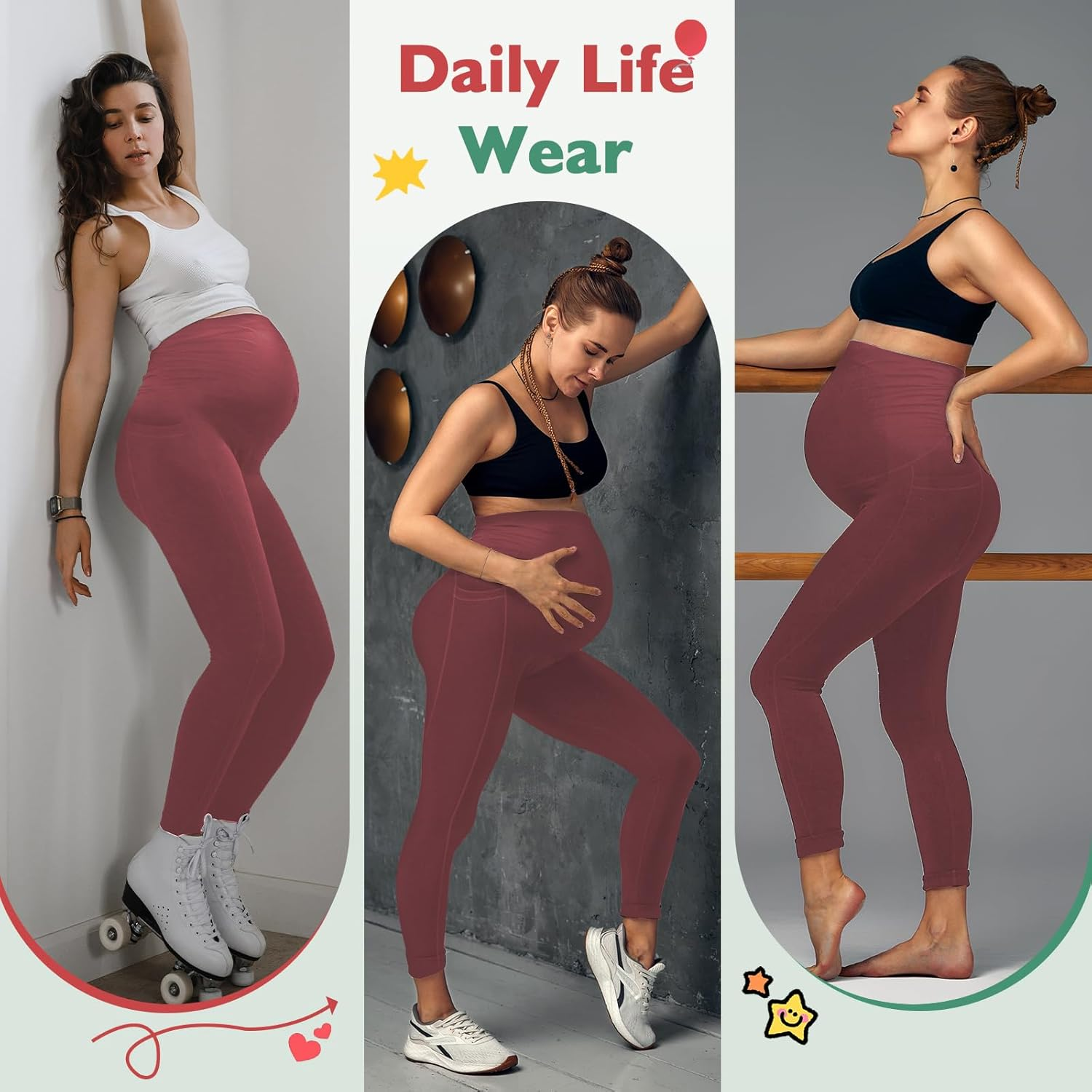 Women'S Maternity Leggings with Pockets High Waistband Pregnancy Leggings Opaque Elastic Maternity Leggings for Pregnant Women, Carmesin Red, L image number 2