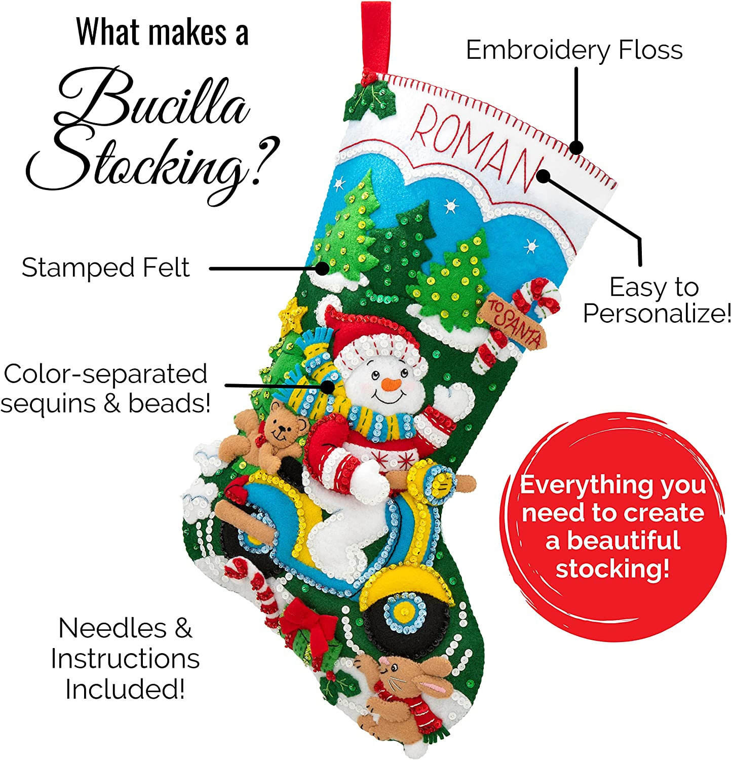 Bucilla 89245E Felt Applique Christmas Stocking Kit, Snowman'S Winter, 18" image number 6