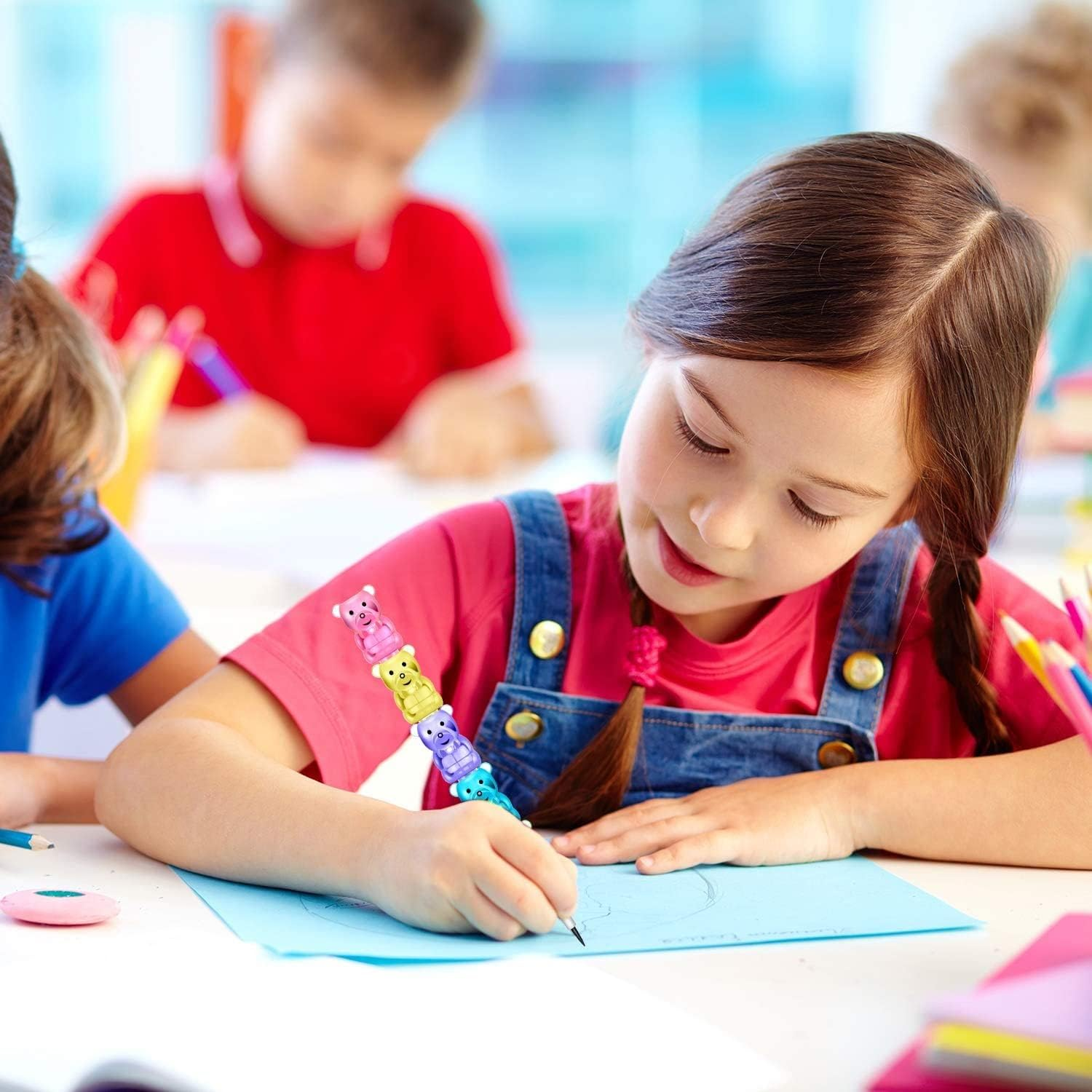 30Pcs Stackable Plastic Pencils,Kids Bear Shaped Stacking Pencil,5 in 1 Point Pencils for Birthday Party Supplies,Goodie Bag Filler image number 1