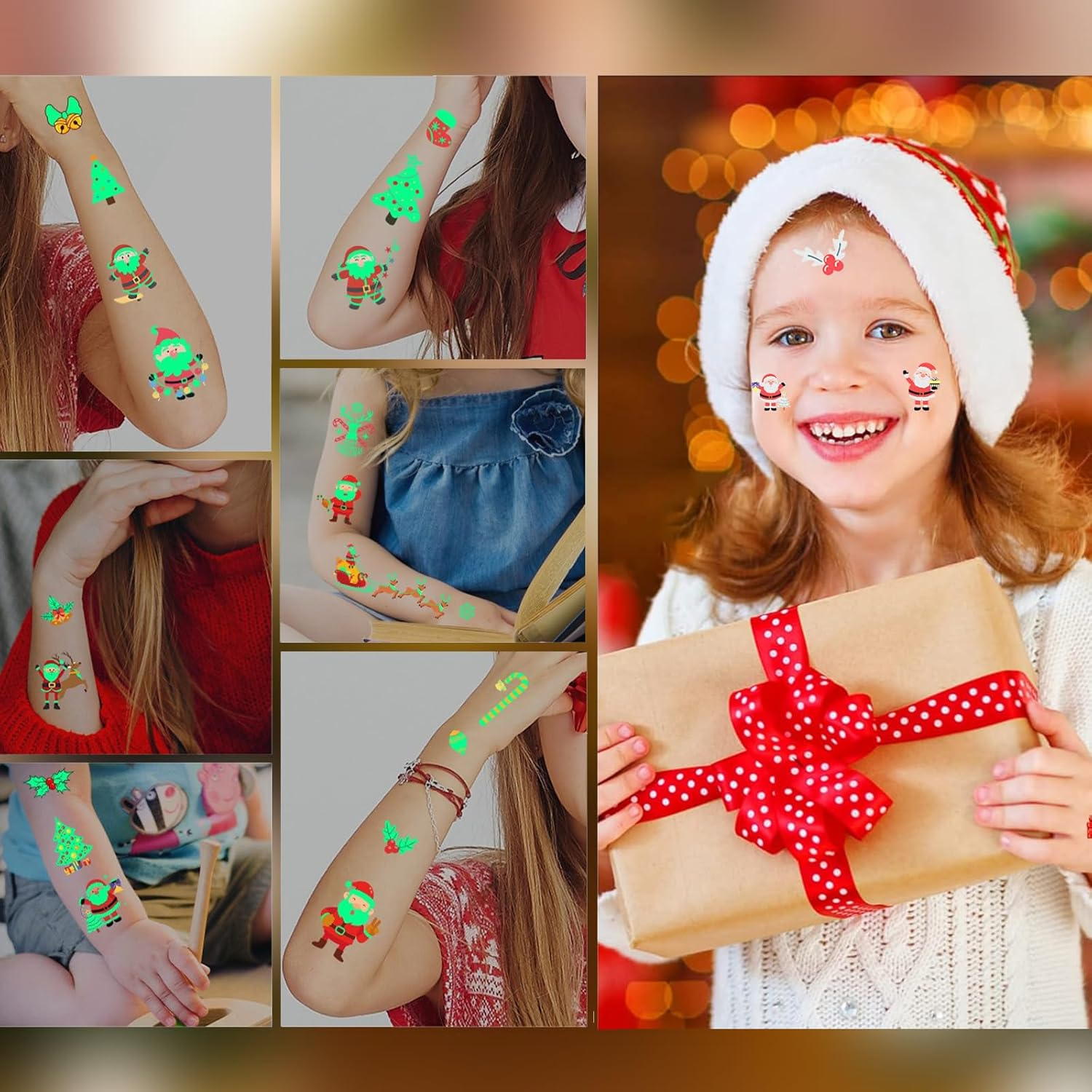 16 Sheets 210 Pieces Christmas Luminous Temporary Tattoos Stickers for Kids Adults, Cute Tattoo Decorations, Glow in the Dark Tattoos Waterproof Tattoos Stickers for Holiday Christmas Kids Gifts image number 2