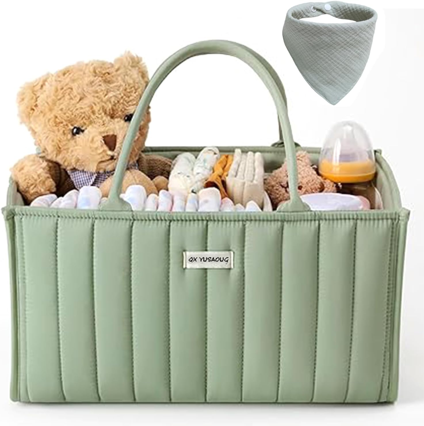 Diaper Caddy Organizer - Large Nappy Caddy Organizer for Baby Nursery, Car Storage Organizer, Baby Gift Basket, Changing Table Organizer, Portable Baby Caddy Organiser (Khaki, with Bib)