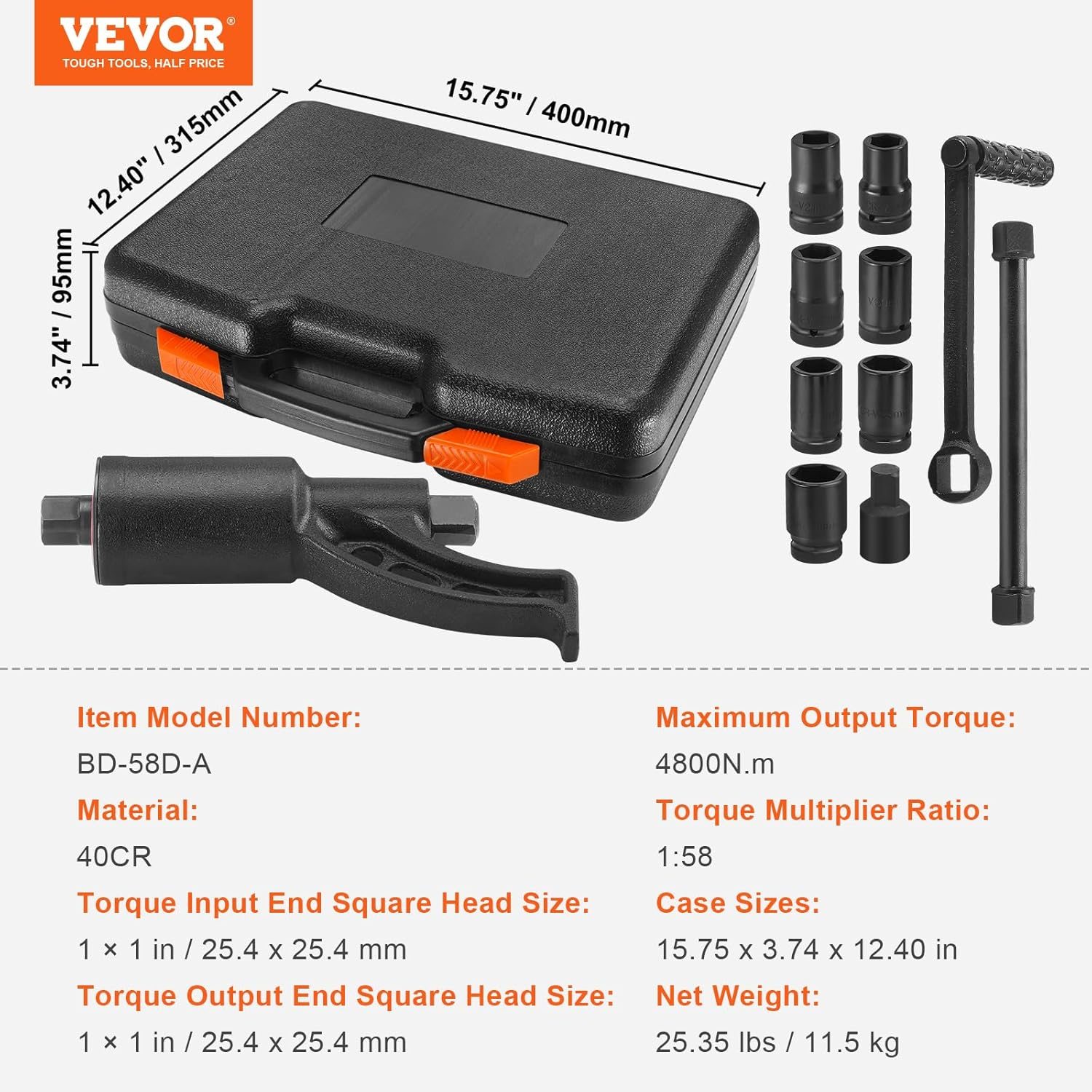 VEVOR Torque Multiplier, 1 Inch Drive Lug Nut Wrench/Multiplier Heavy Duty Torque Multiplier Wrench Set, 1:58 4800N.M Lug Nut Remover, Includes 8 Sockets (24-38Mm) and Storage Case image number 6
