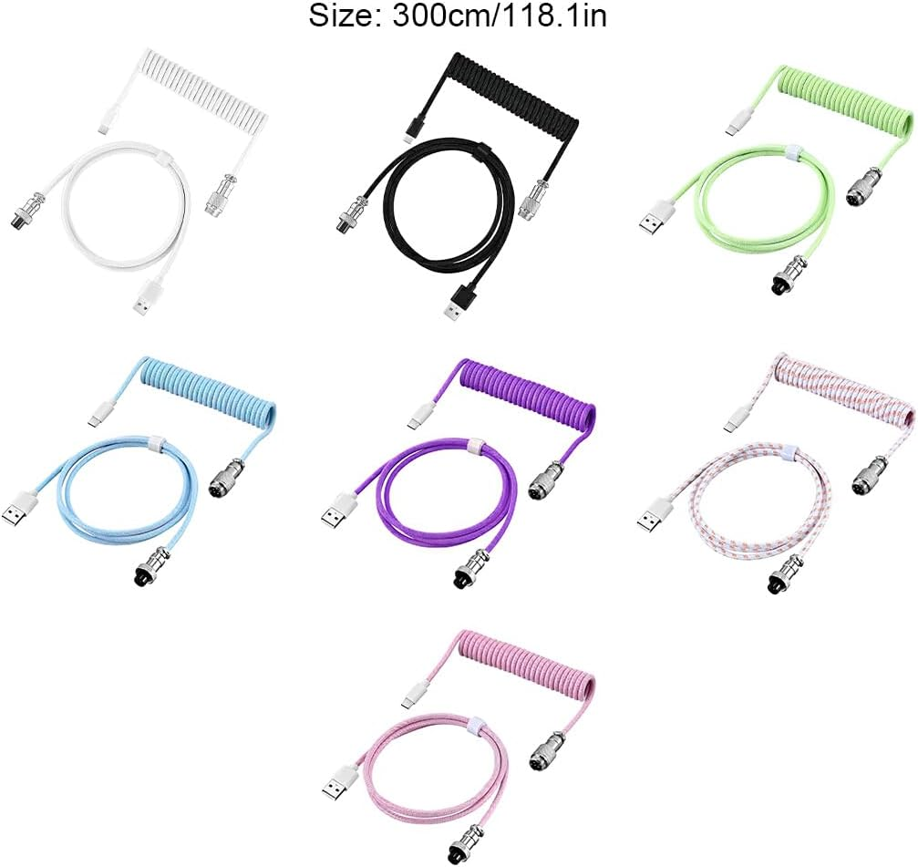 IOIUSKKU Coiled USB Cable for Comfortable Movement and Scalable Interface Mechanical Keyboard Coiled ABS Aviation Plug Data Cable, White - Black image number 5