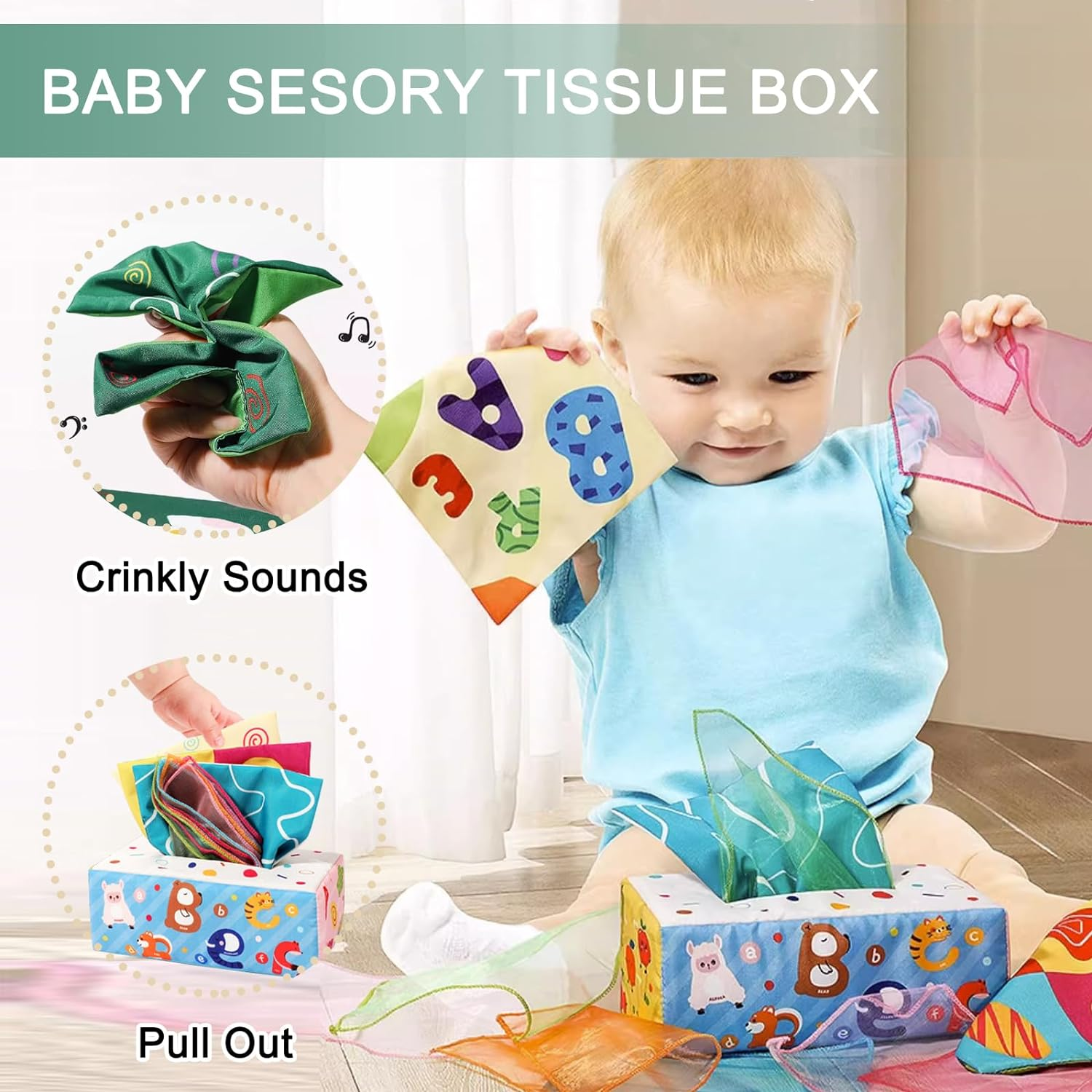 Baby Toys - Tissue Box Toy Montessori for Babies 0-12-18 Months, Sensory Baby Tissue Box Toys with Soft Crinkle Papers and Silk Scarves, Toddler Early Learning Toys Chrismas Birthday Gifts image number 4