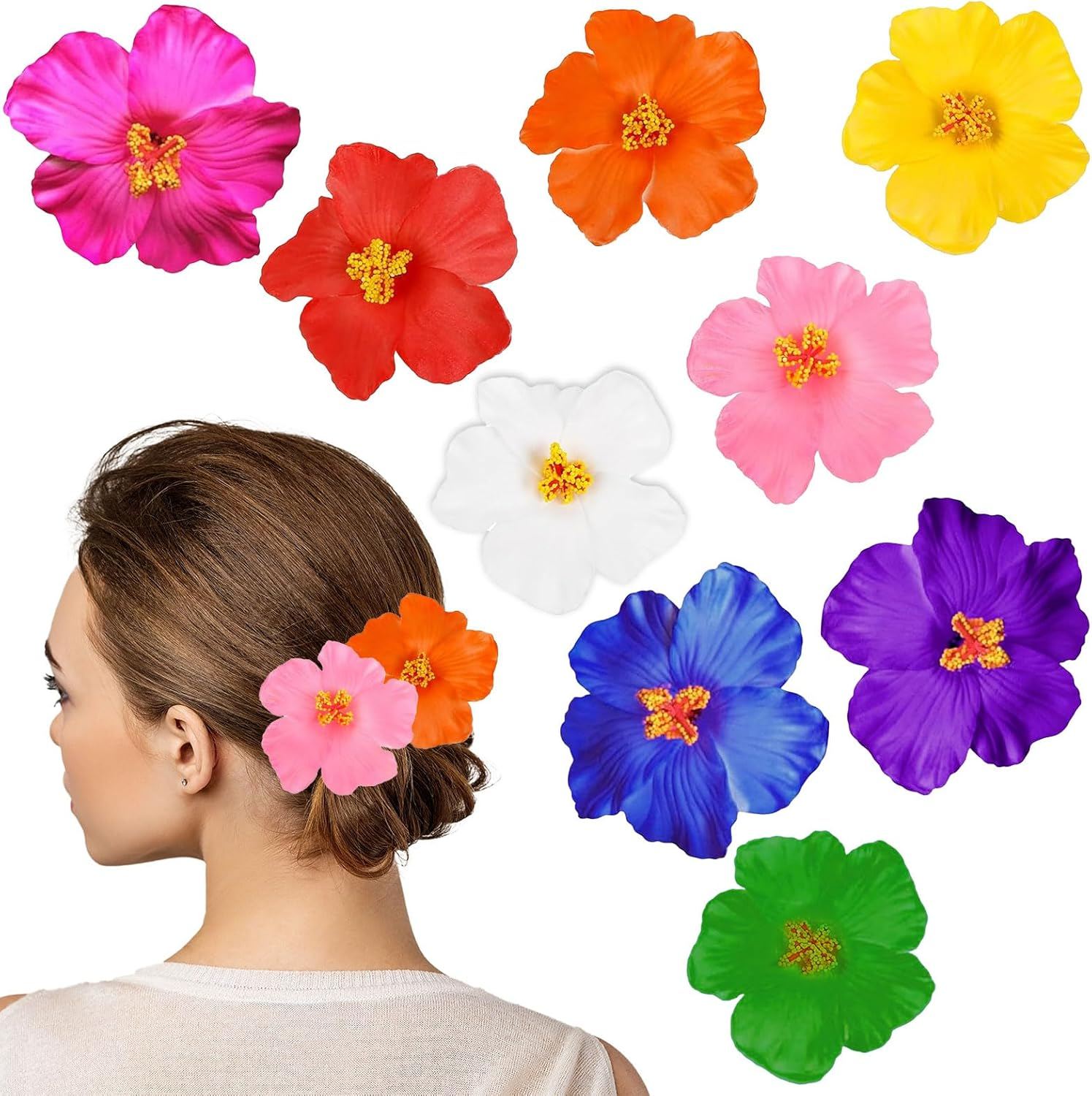 FUIPVGI Pack of 9 Flower Hair Clips, Hawaiian Flower Hair Clips, Flower Hair Clips Girls, Plumeria Hibiscus Hair Clip, Bohemian Tropical Flower Hairpin for Wedding, Holiday, Beach Party image number 1