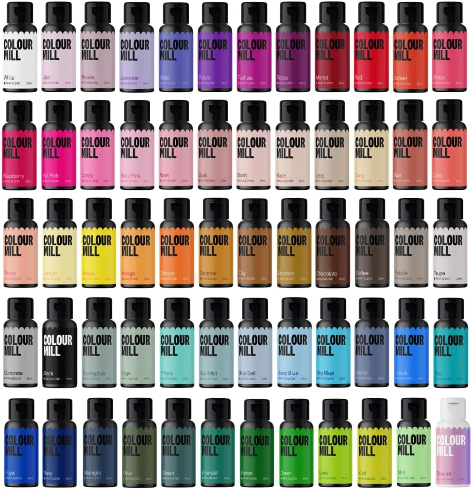 Colour Mill Kickstarter Pack Aqua Blend Water-Based Food Colouring, 12 Colours X 20Ml Each: Baby Pink, Black, Chocolate, Forest, Hot Pink, Lime, Orange, Purple, Red, Royal, Sky Blue, Yellow