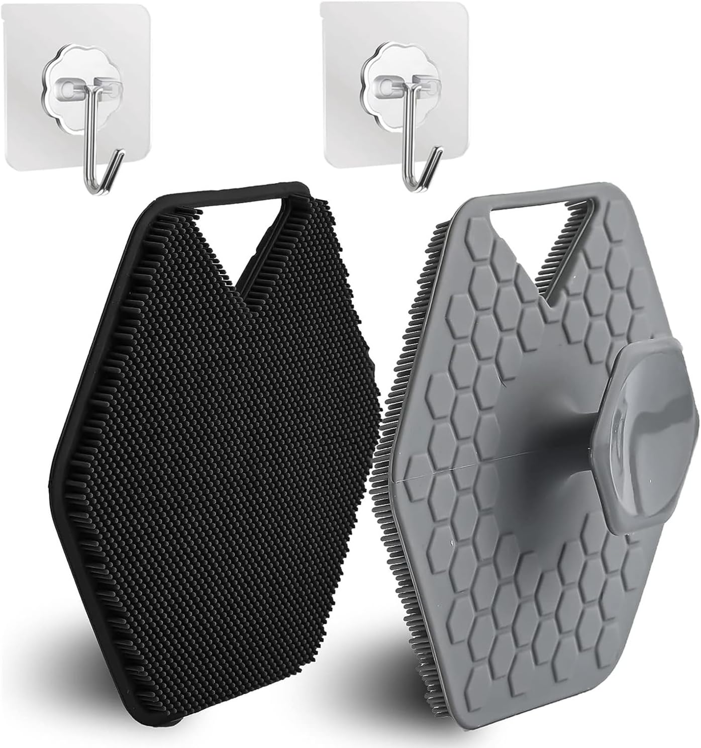 2 PCS Silicone Body Scrub, Soft Silicone Massage Pad with 2 Hooks Wall Mounted Back Scrubber Foot Scrubber Body Cleansing Brush Easy Grip Brush for All Kinds of Skin (Grey, Black) image number 2